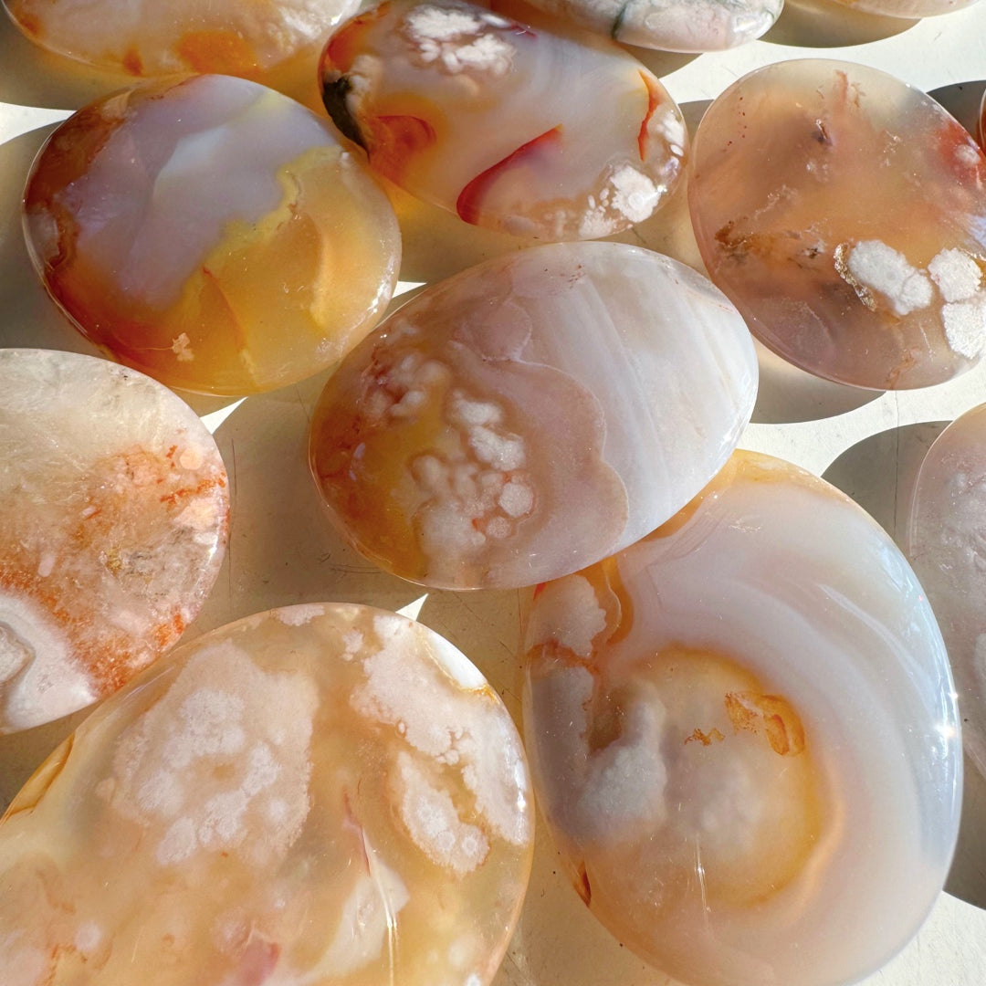 Flower Agate Flat Palm Stones - Baltic Mermaid