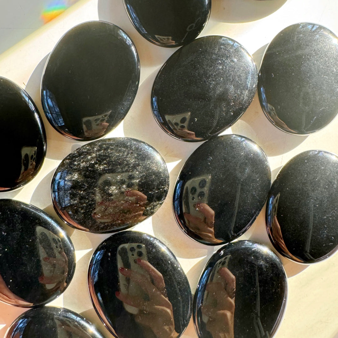 Black Obsidian Flat Palm Stones - Baltic Mermaid