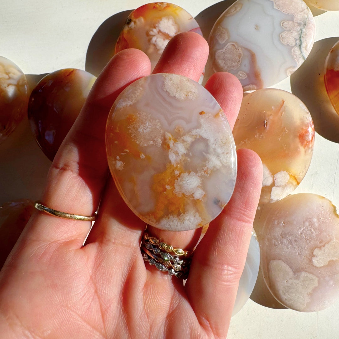 Flower Agate Flat Palm Stones - Baltic Mermaid