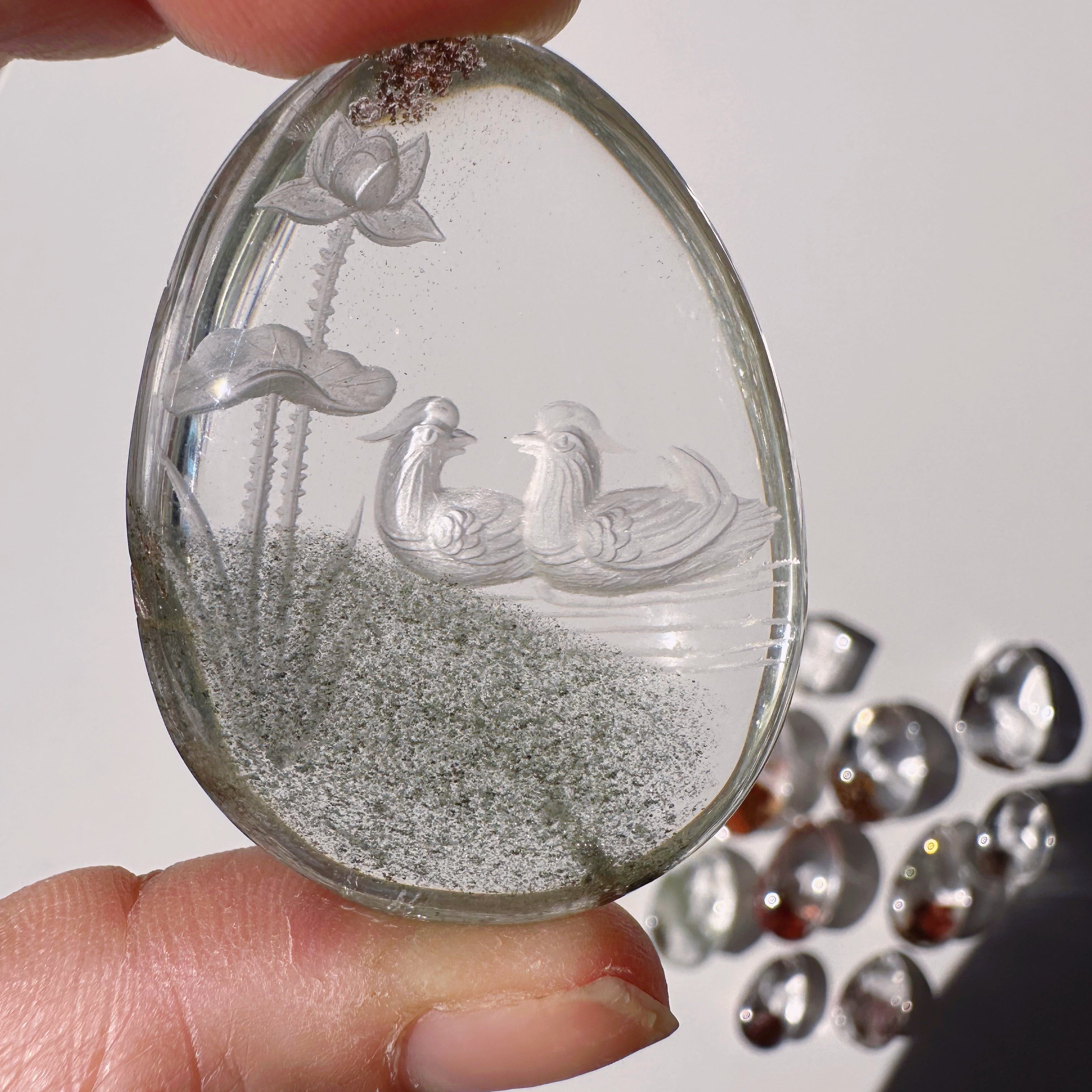 Intaglio Carved Love Birds in a the water Chlorite Quartz/Garden Quartz Cabochon Baltic Mermaid