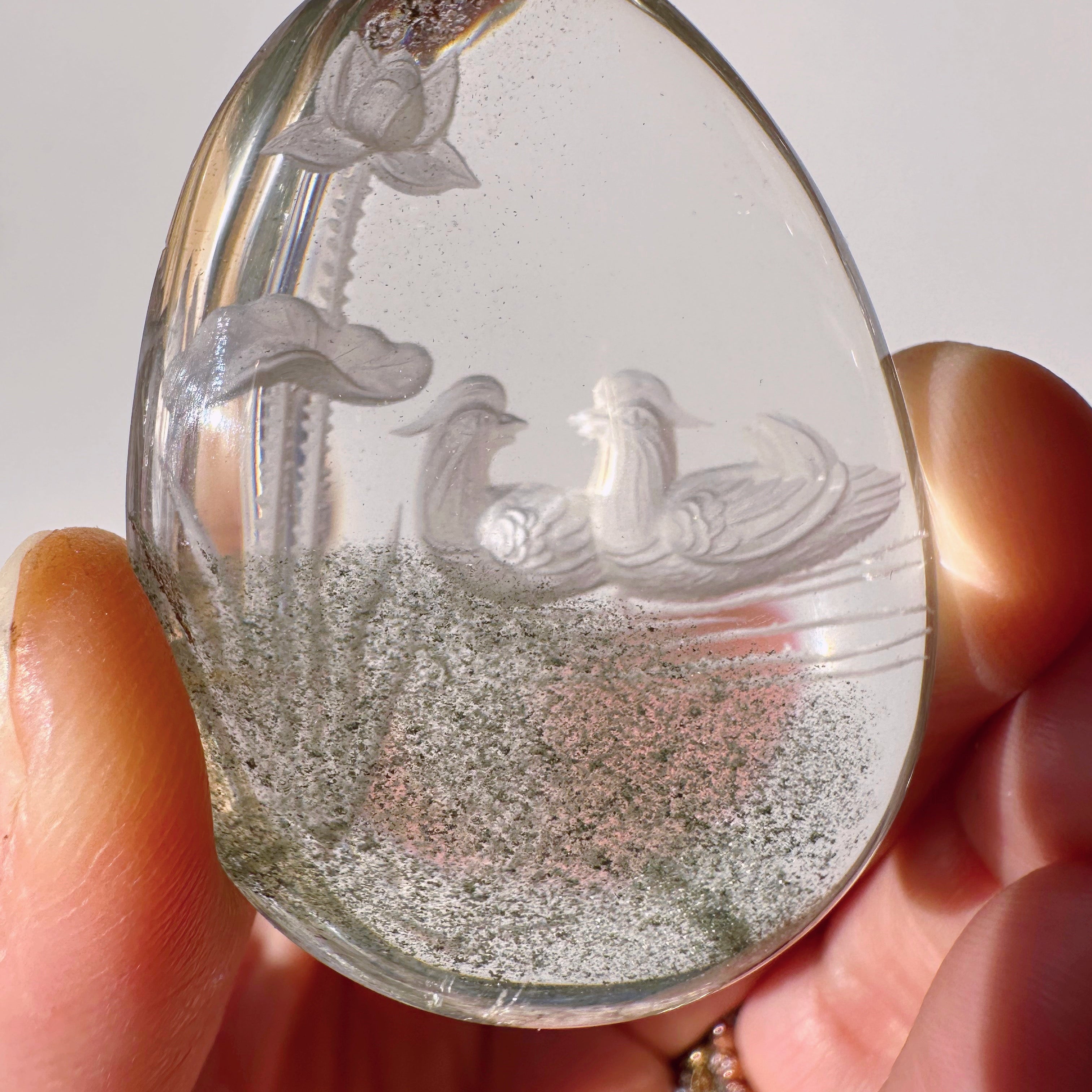 Intaglio Carved Love Birds in a the water Chlorite Quartz/Garden Quartz Cabochon Baltic Mermaid