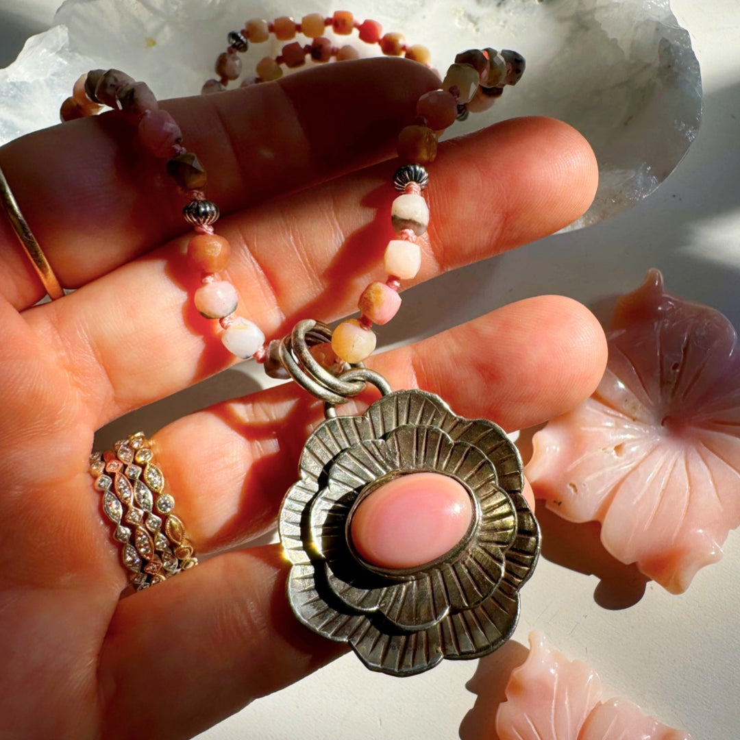“Chelsea” - Pink Opal & Sterling Silver Necklace w/ Flower Conch Pewter Pendant - Baltic Mermaid