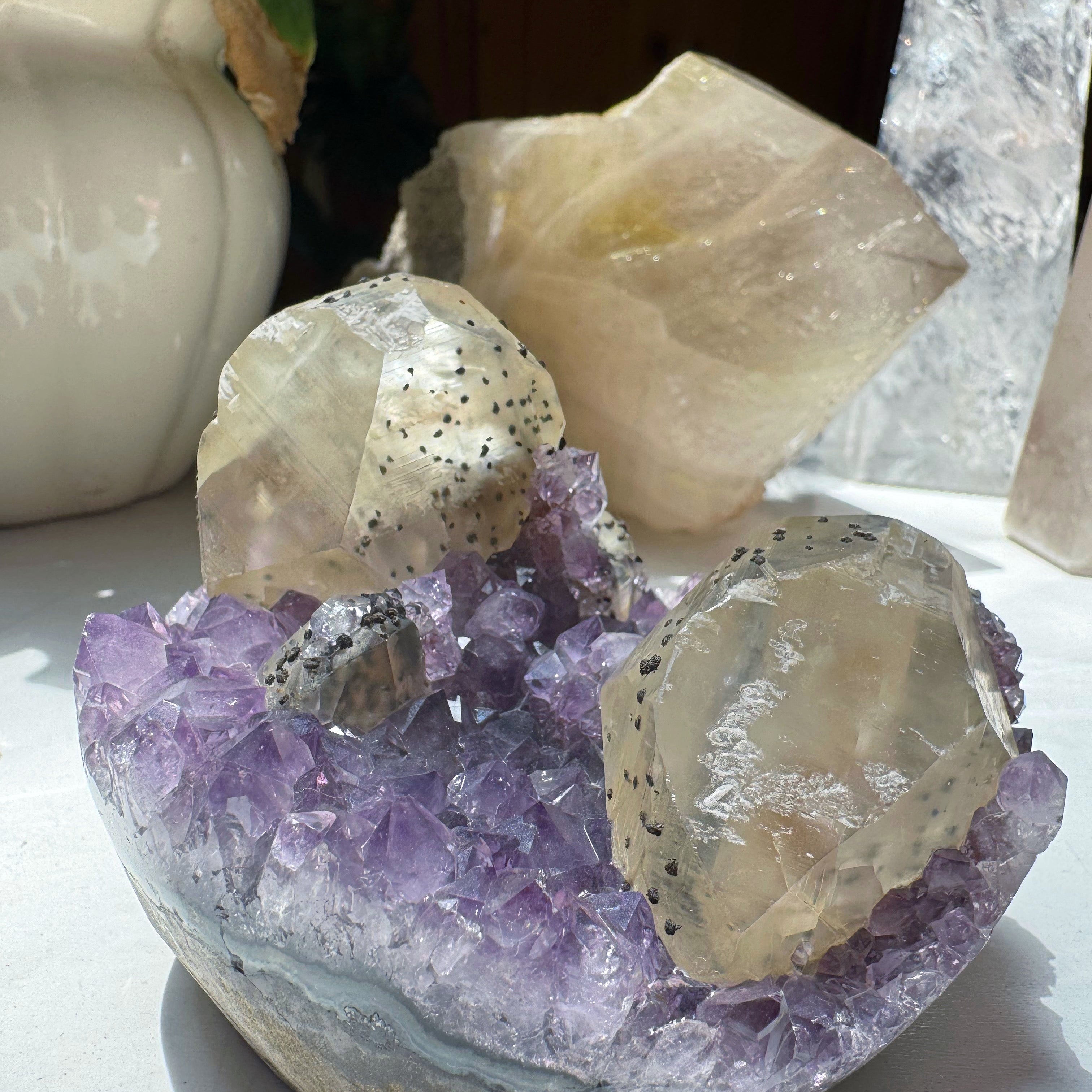 Amethyst Cluster w/ Calcite & Goethite from Uruguay Baltic Mermaid