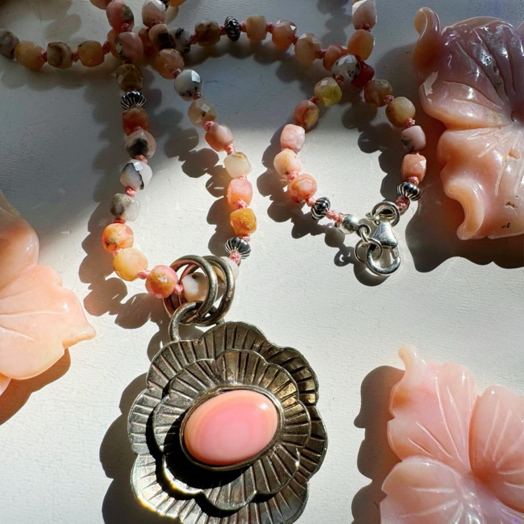 “Chelsea” - Pink Opal & Sterling Silver Necklace w/ Flower Conch Pewter Pendant - Baltic Mermaid