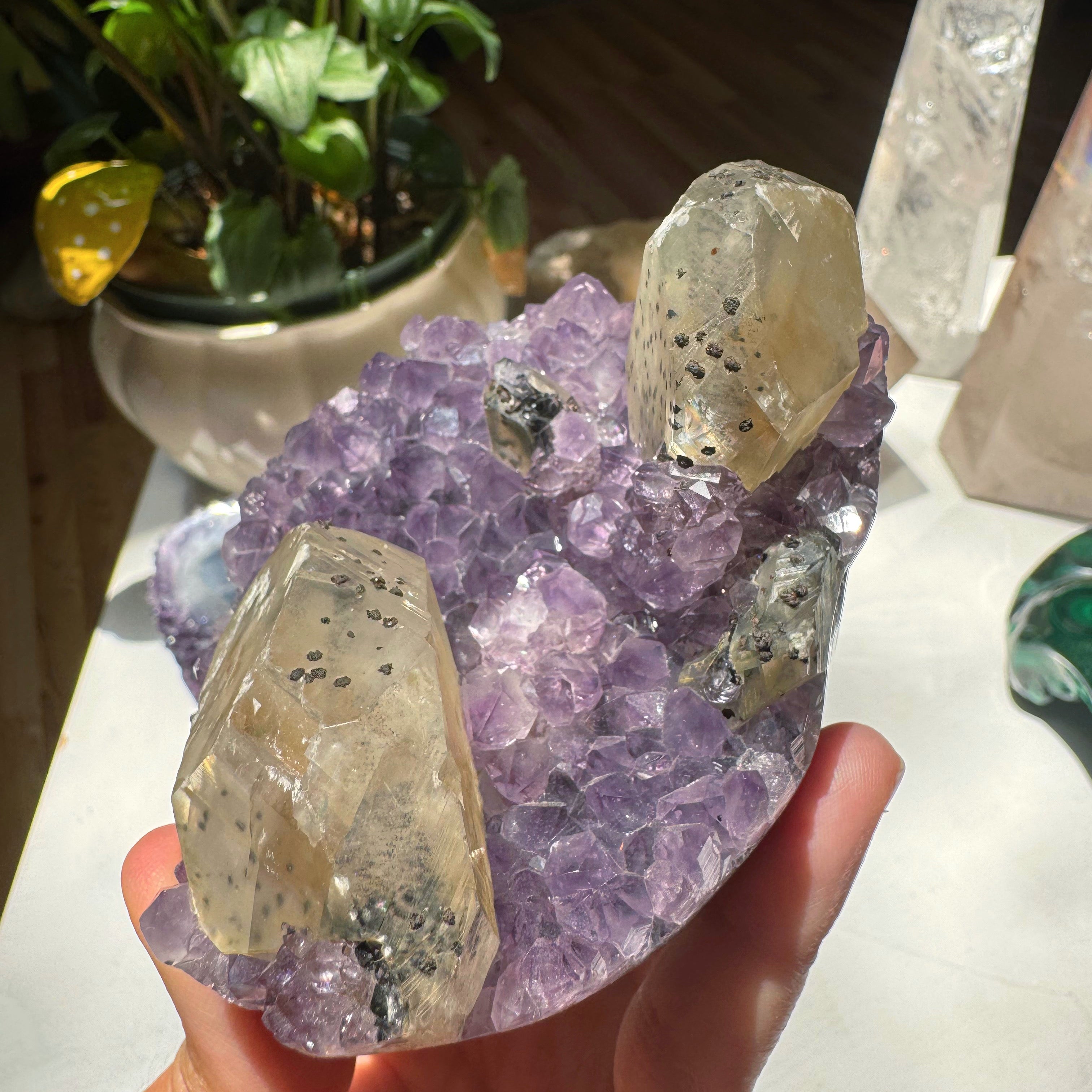 Amethyst Cluster w/ Calcite & Goethite from Uruguay Baltic Mermaid