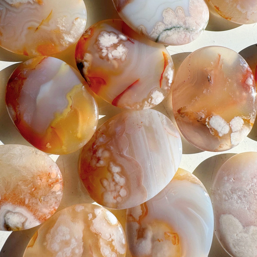 Flower Agate Flat Palm Stones - Baltic Mermaid