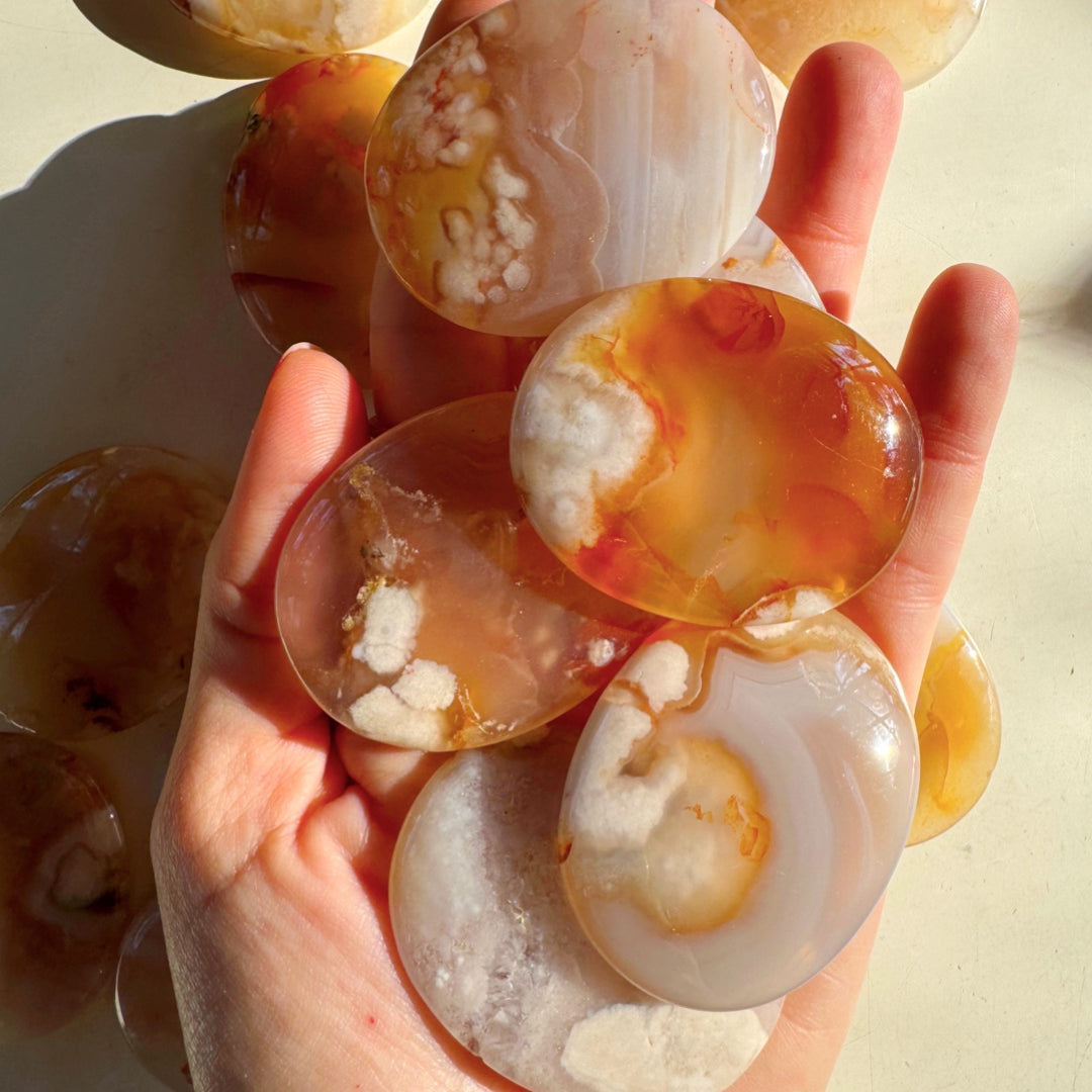 Flower Agate Flat Palm Stones - Baltic Mermaid