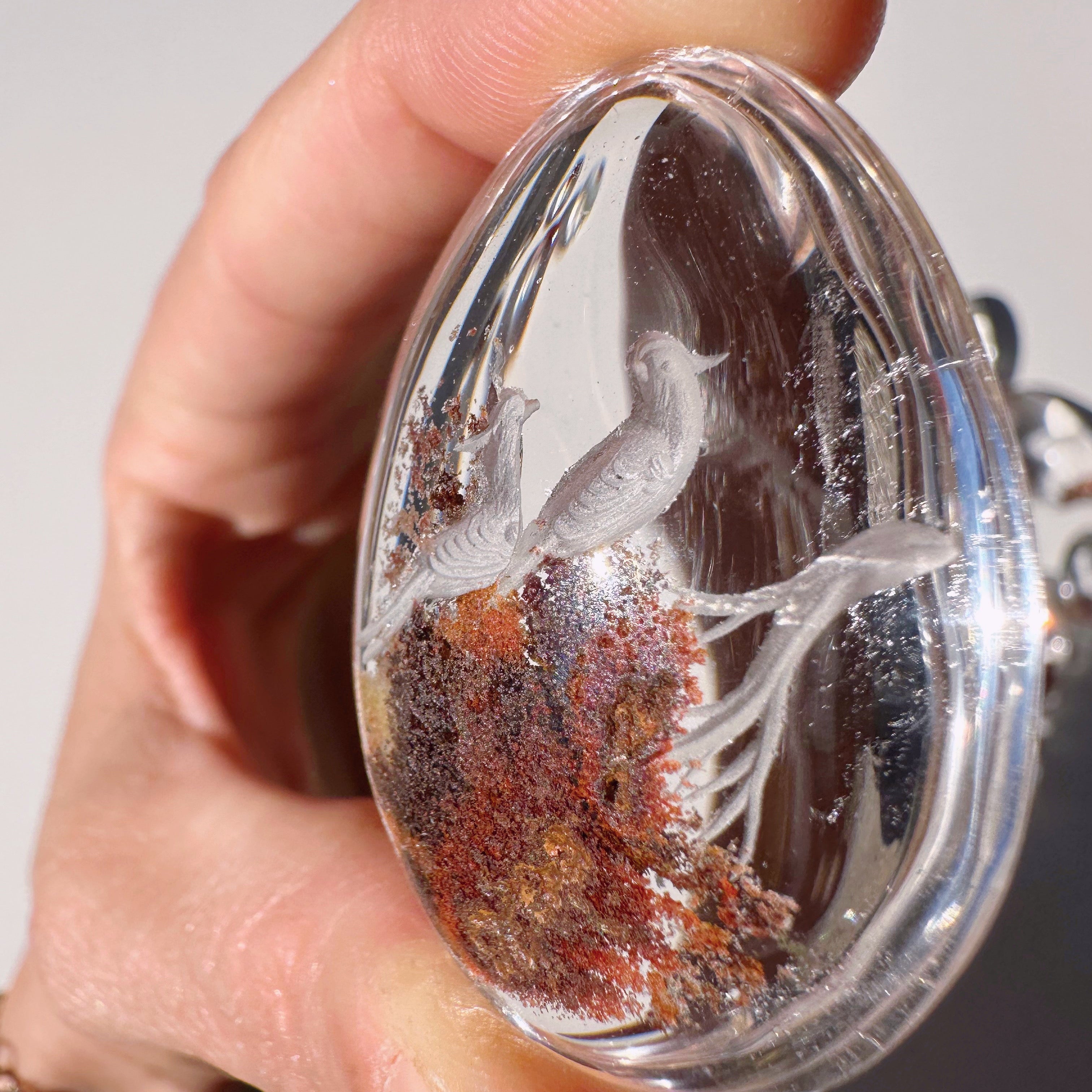 Intaglio Carved Love Birds in a Tree Chlorite Quartz/Garden Quartz Cabochon Baltic Mermaid