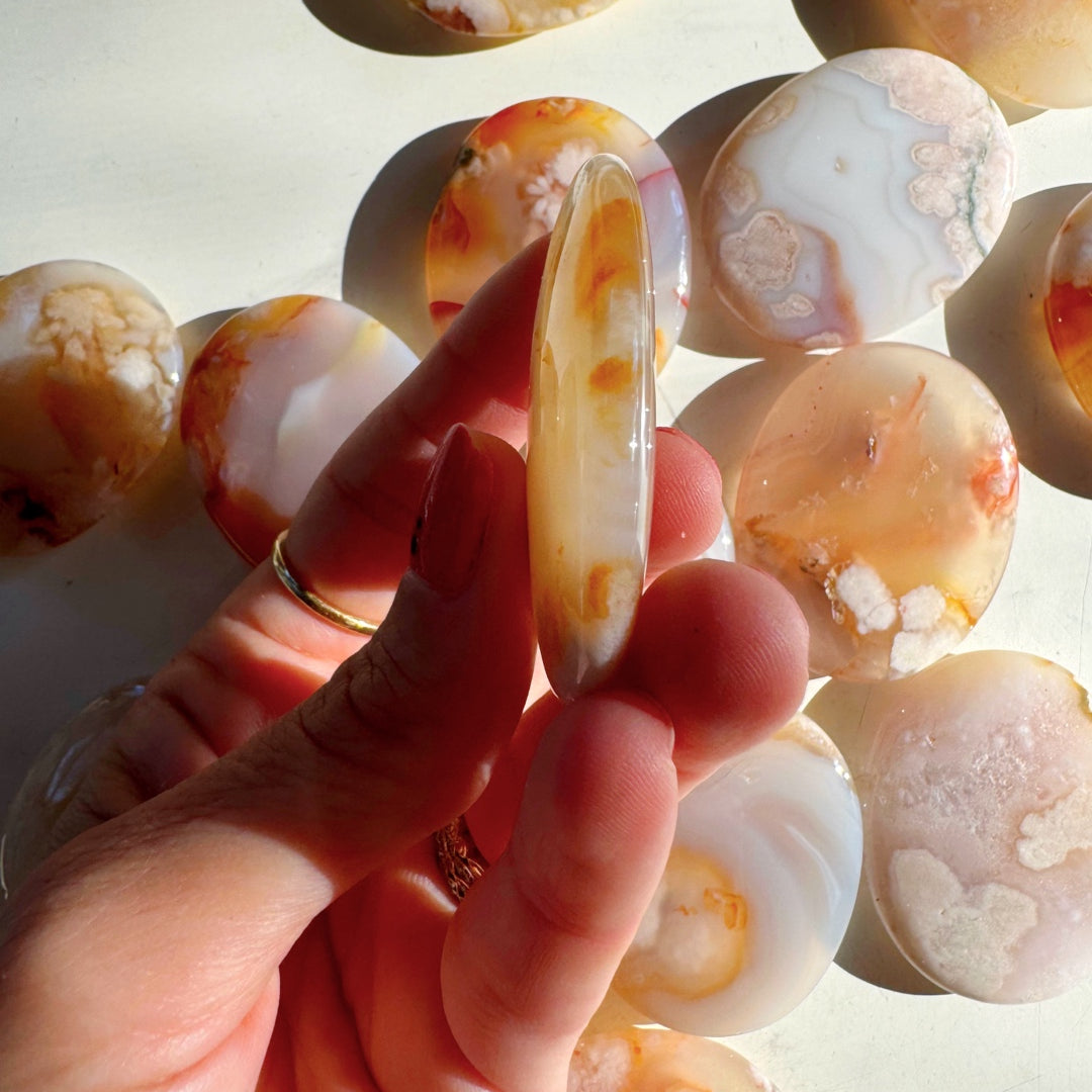 Flower Agate Flat Palm Stones - Baltic Mermaid