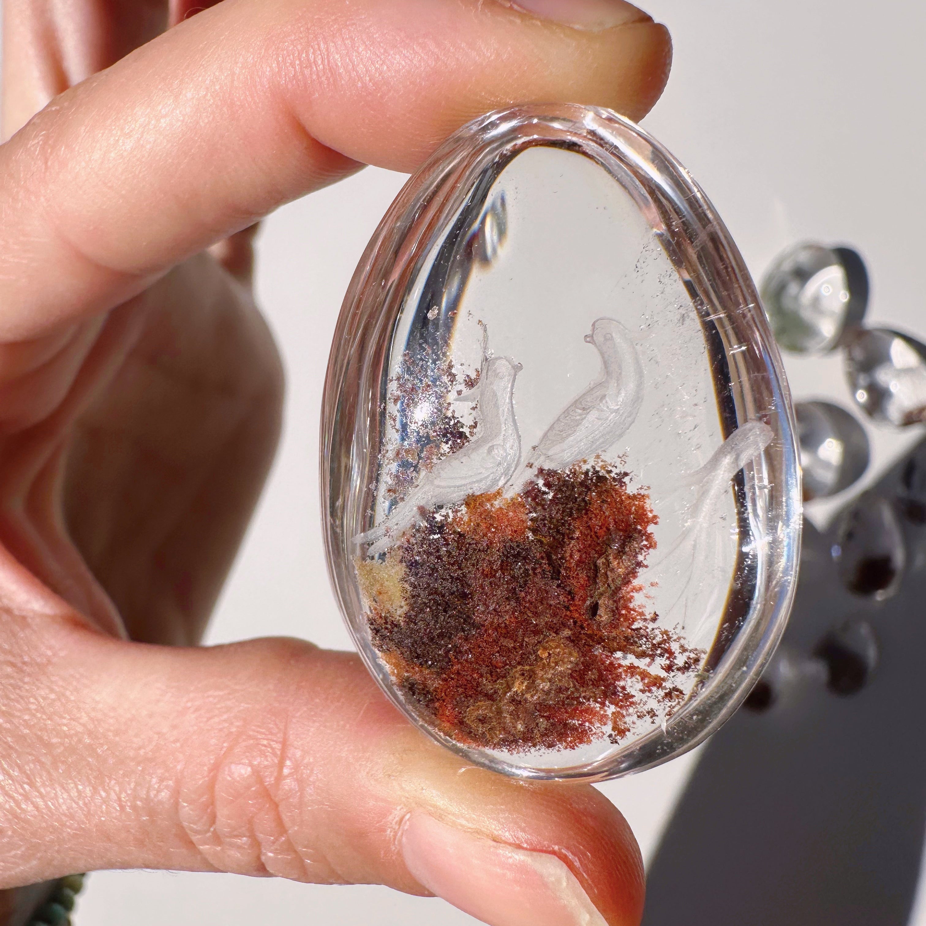 Intaglio Carved Love Birds in a Tree Chlorite Quartz/Garden Quartz Cabochon Baltic Mermaid