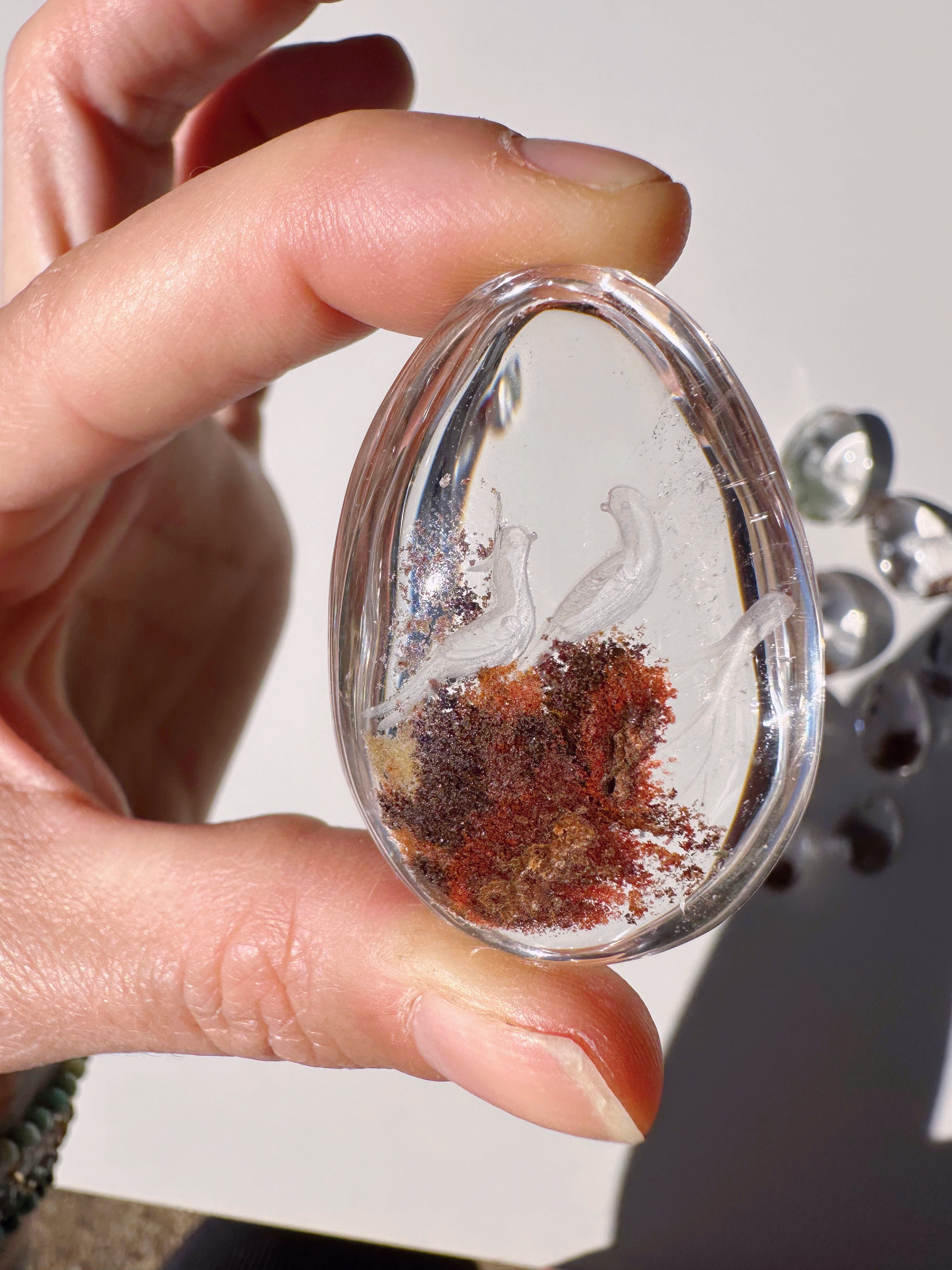Intaglio Carved Love Birds in a Tree Chlorite Quartz/Garden Quartz Cabochon Baltic Mermaid