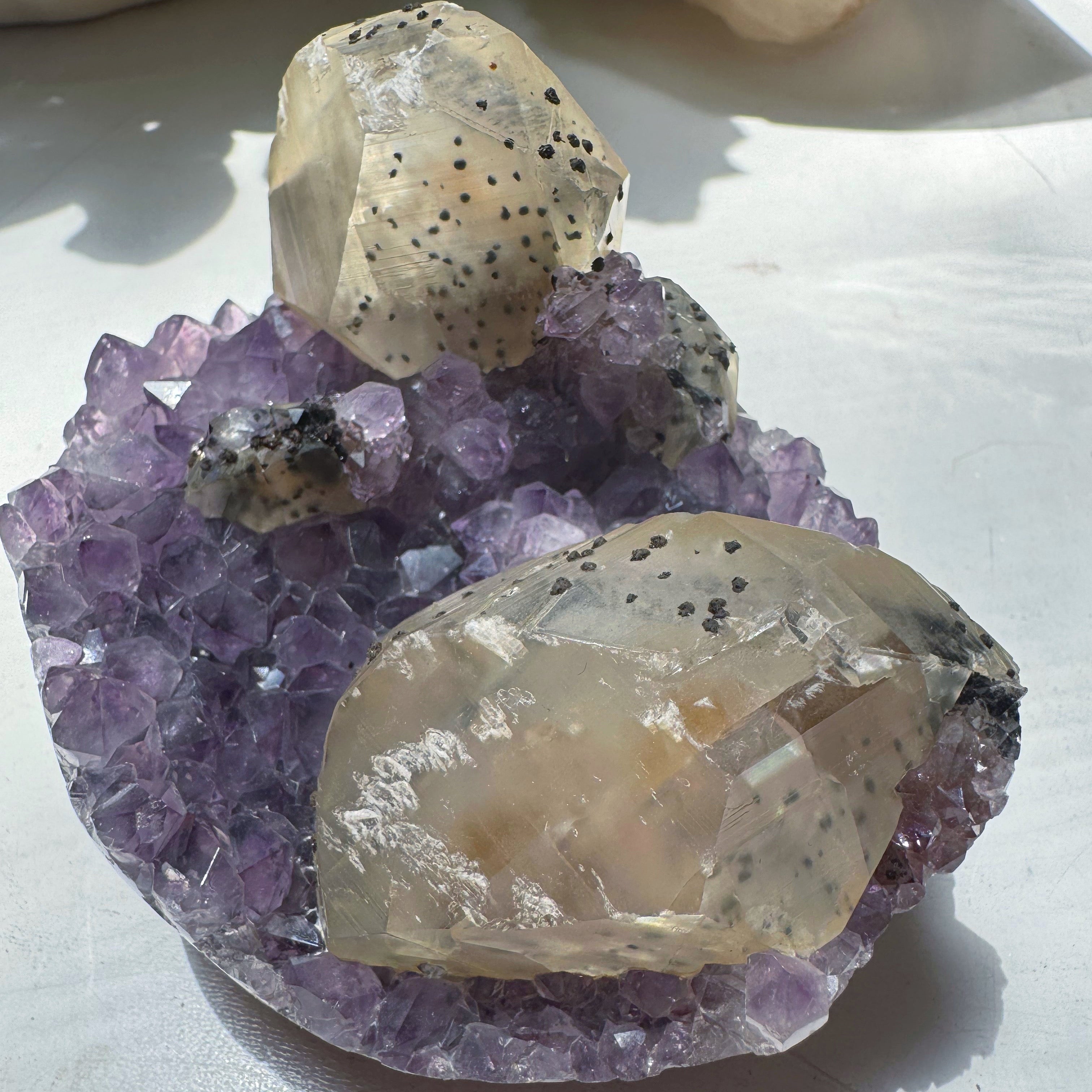 Amethyst Cluster w/ Calcite & Goethite from Uruguay Baltic Mermaid