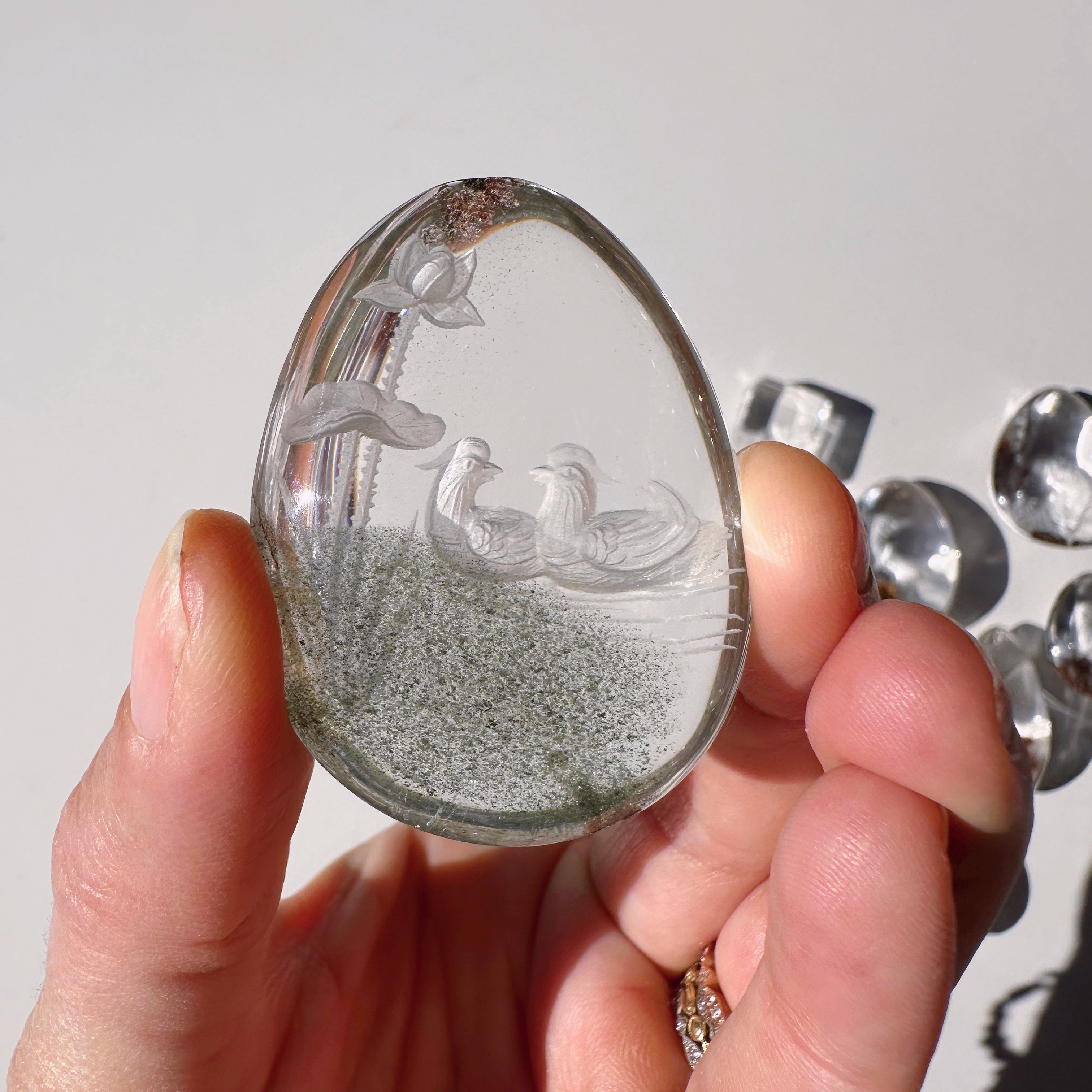 Intaglio Carved Love Birds in a the water Chlorite Quartz/Garden Quartz Cabochon Baltic Mermaid