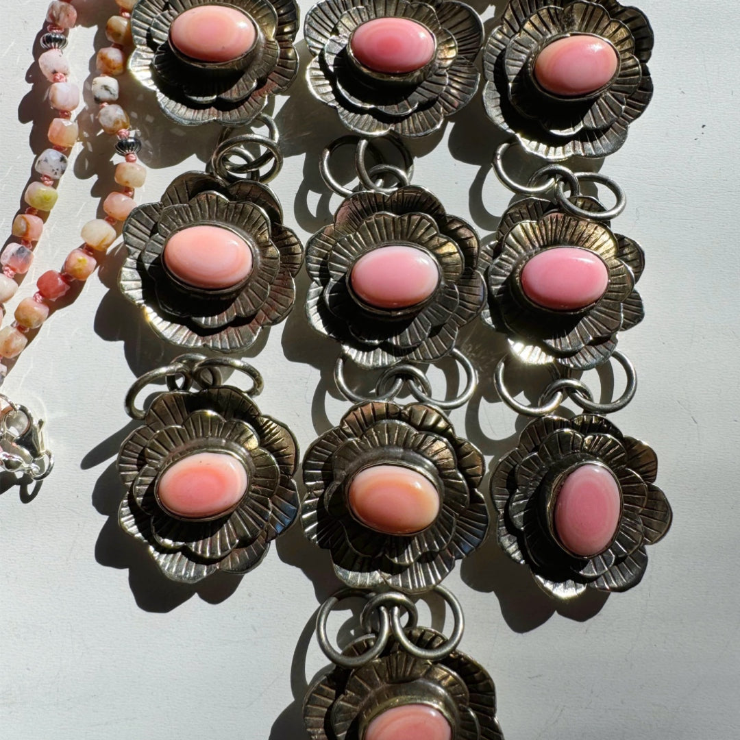 “Chelsea” - Pink Opal & Sterling Silver Necklace w/ Flower Conch Pewter Pendant - Baltic Mermaid