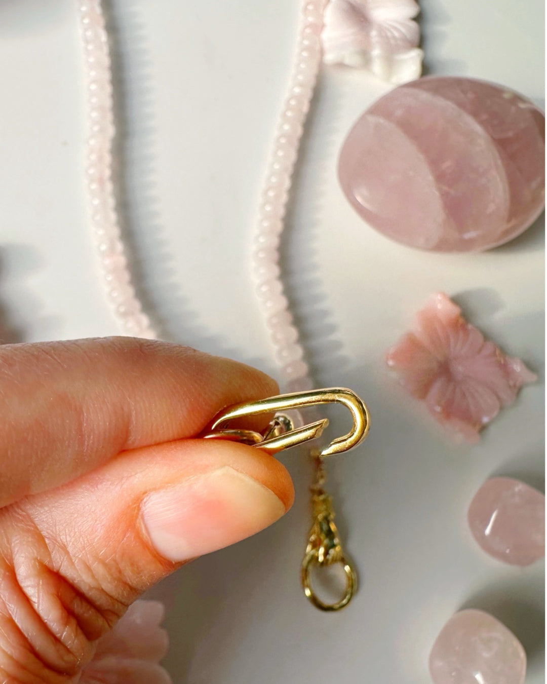 “Hand of Love” Rose Quartz Gemstone Candy Necklace - Baltic Mermaid