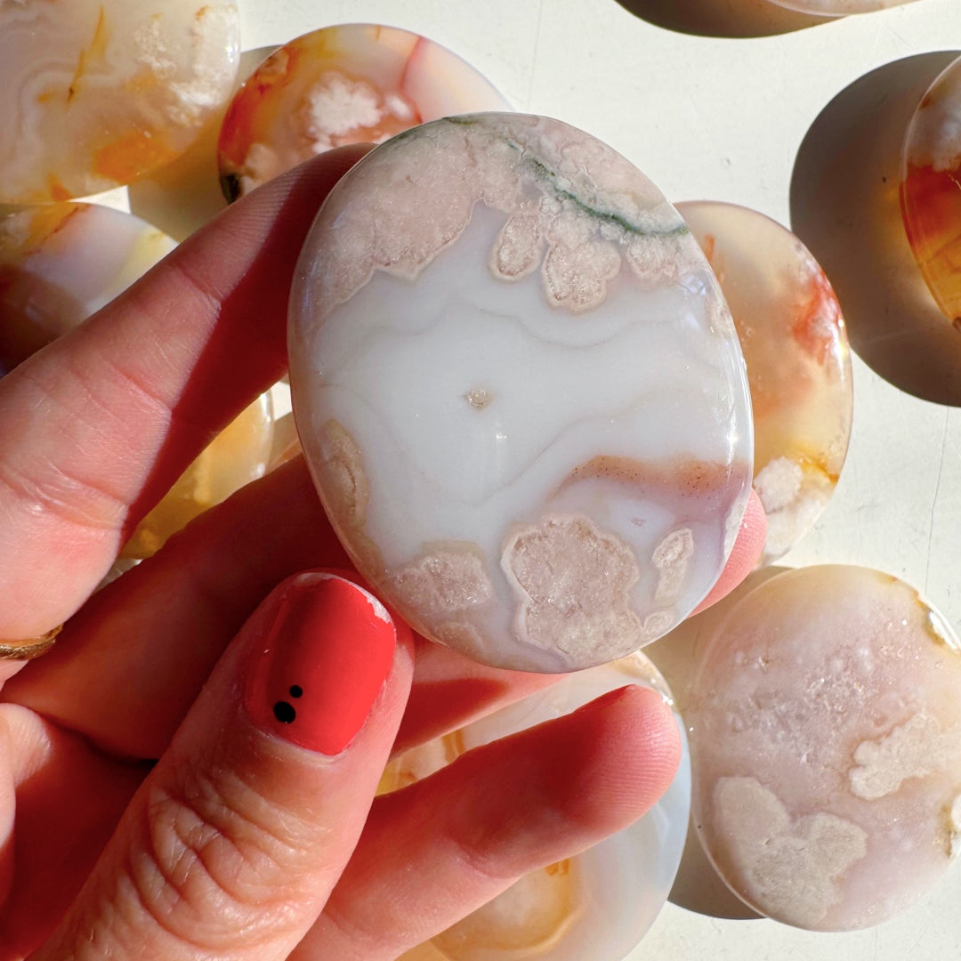 Flower Agate Flat Palm Stones - Baltic Mermaid