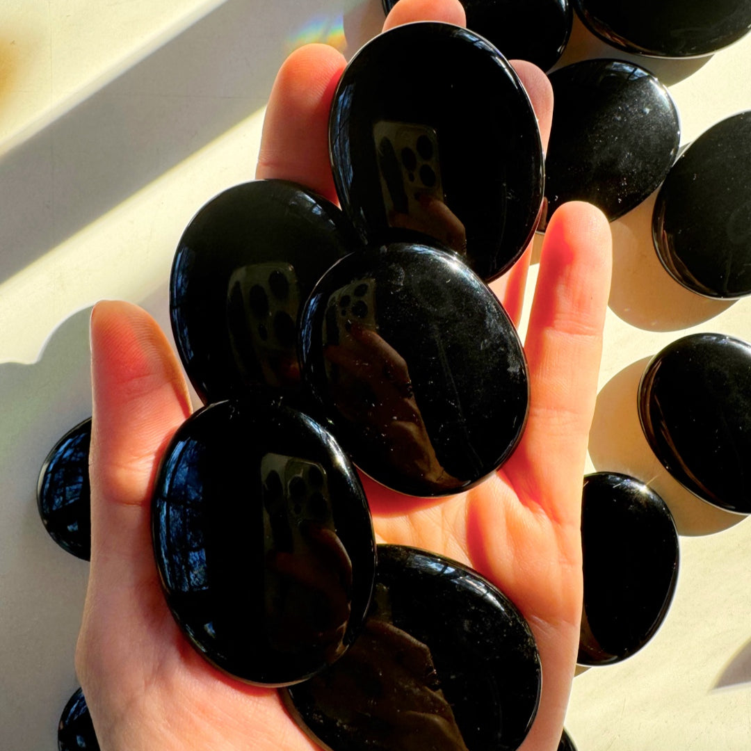 Black Obsidian Flat Palm Stones - Baltic Mermaid