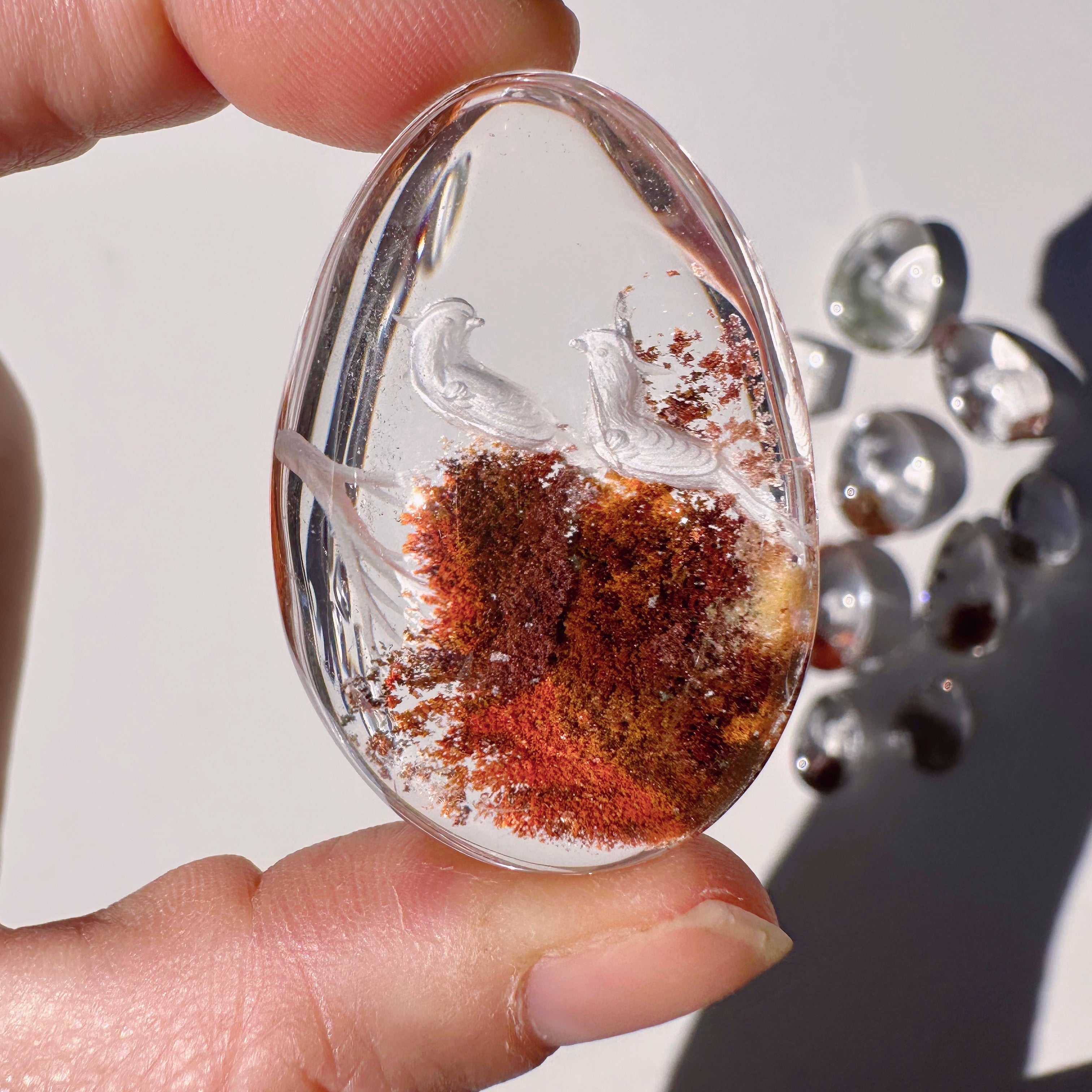 Intaglio Carved Love Birds in a Tree Chlorite Quartz/Garden Quartz Cabochon Baltic Mermaid