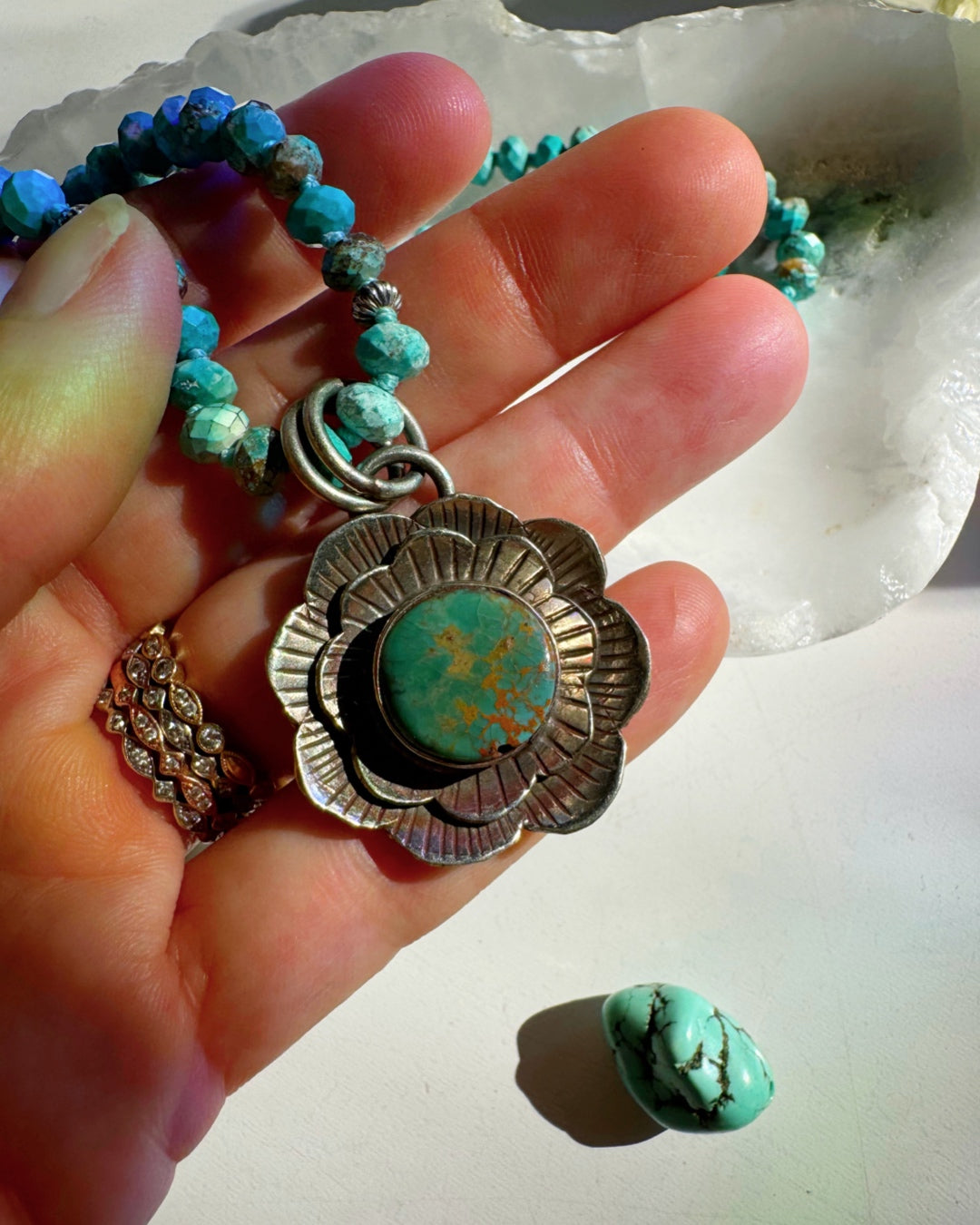 “Chelsea” - Turquoise & Sterling Silver Necklace w/ Flower Pendant - Baltic Mermaid