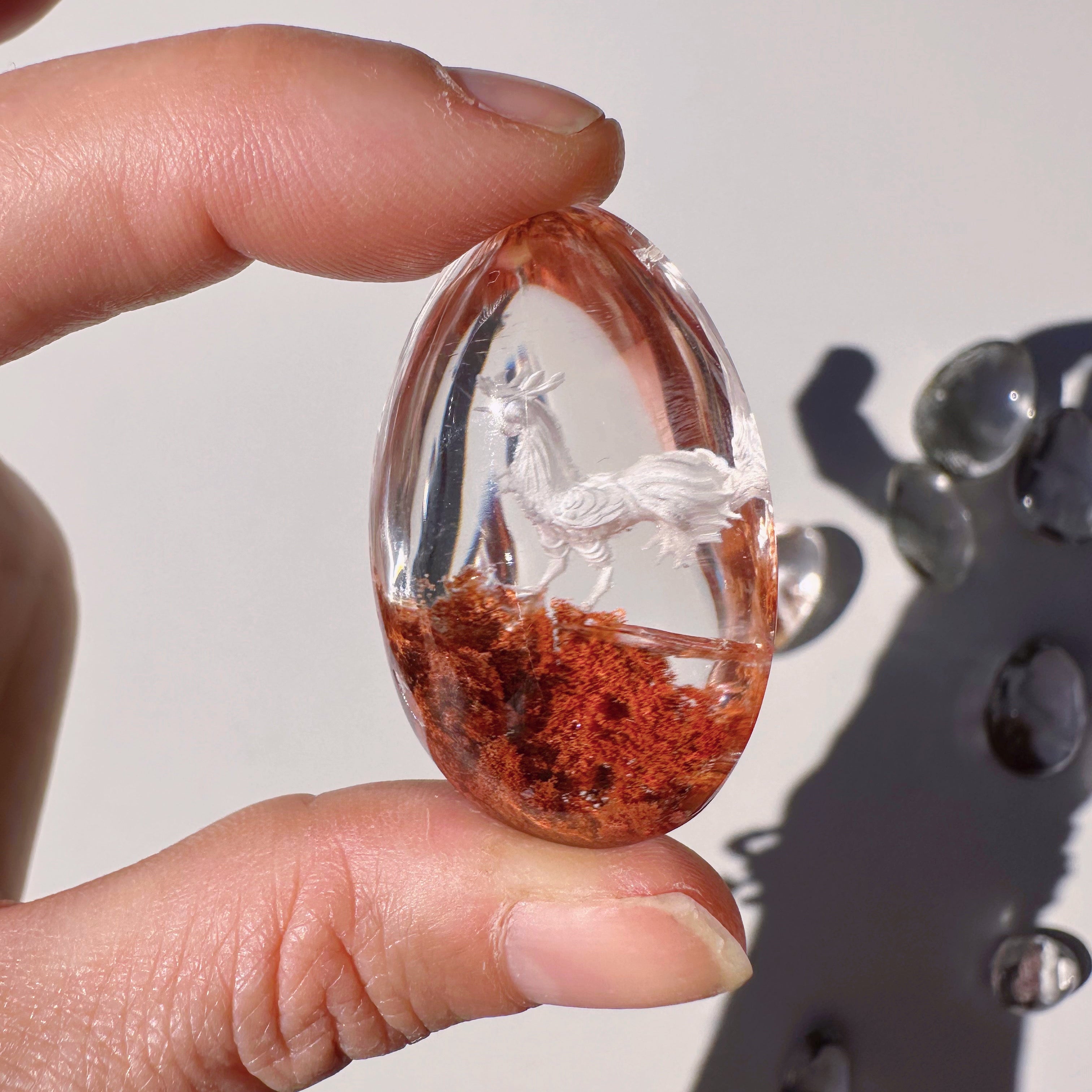 Intaglio Rooster Carved Chlorite Quartz/Garden Quartz Cabochon Baltic Mermaid