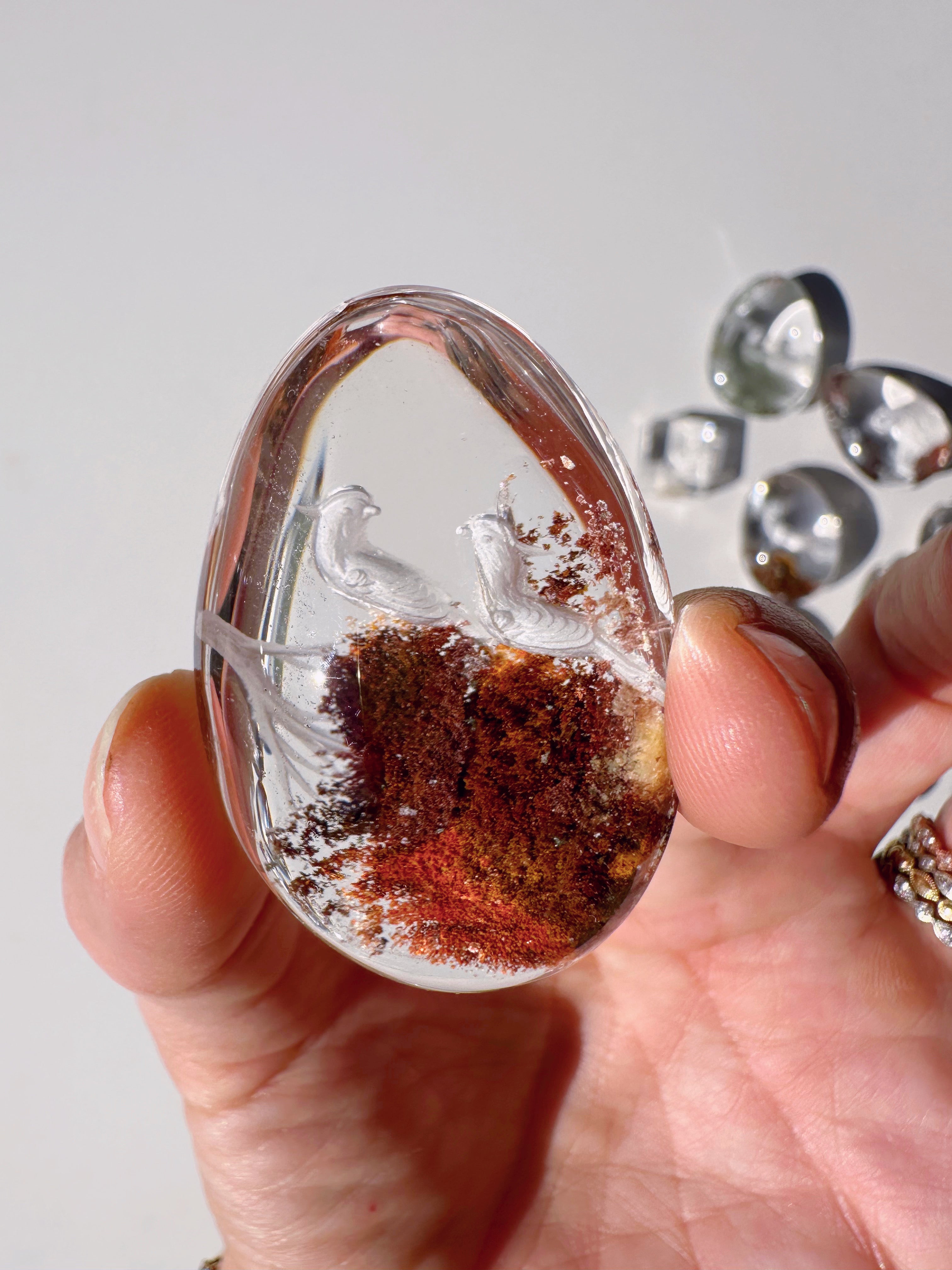 Intaglio Carved Love Birds in a Tree Chlorite Quartz/Garden Quartz Cabochon Baltic Mermaid