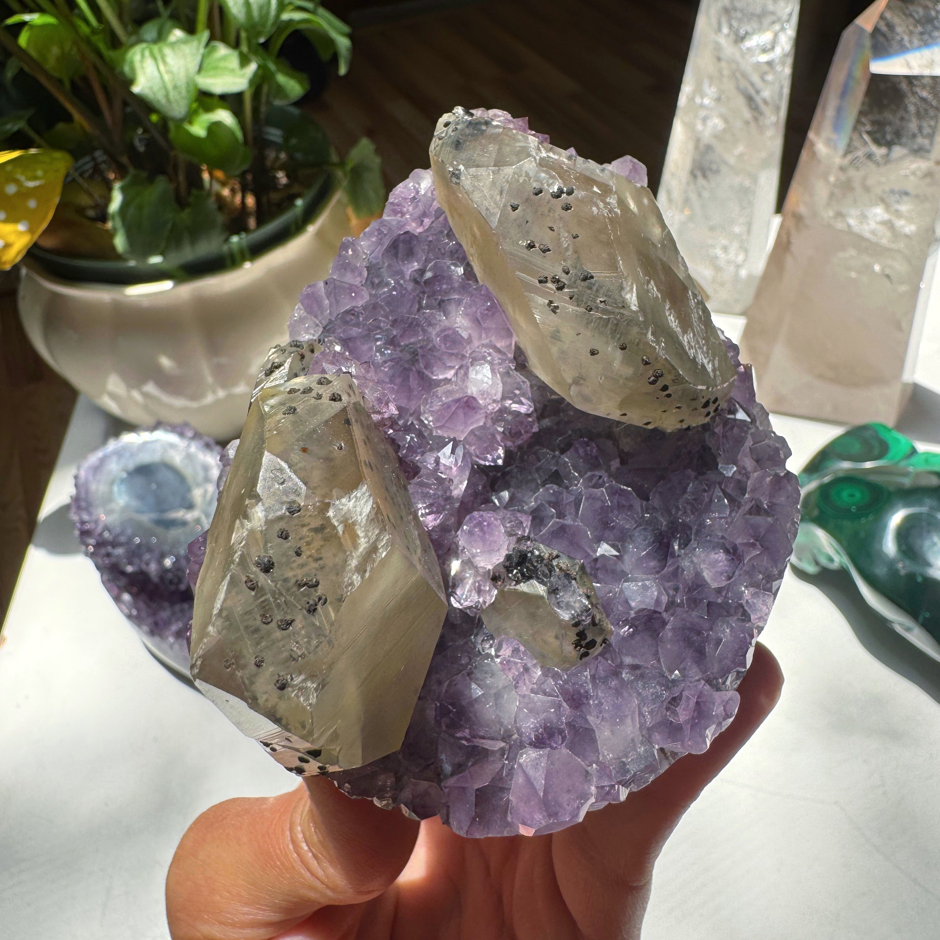 Amethyst Cluster w/ Calcite & Goethite from Uruguay Baltic Mermaid