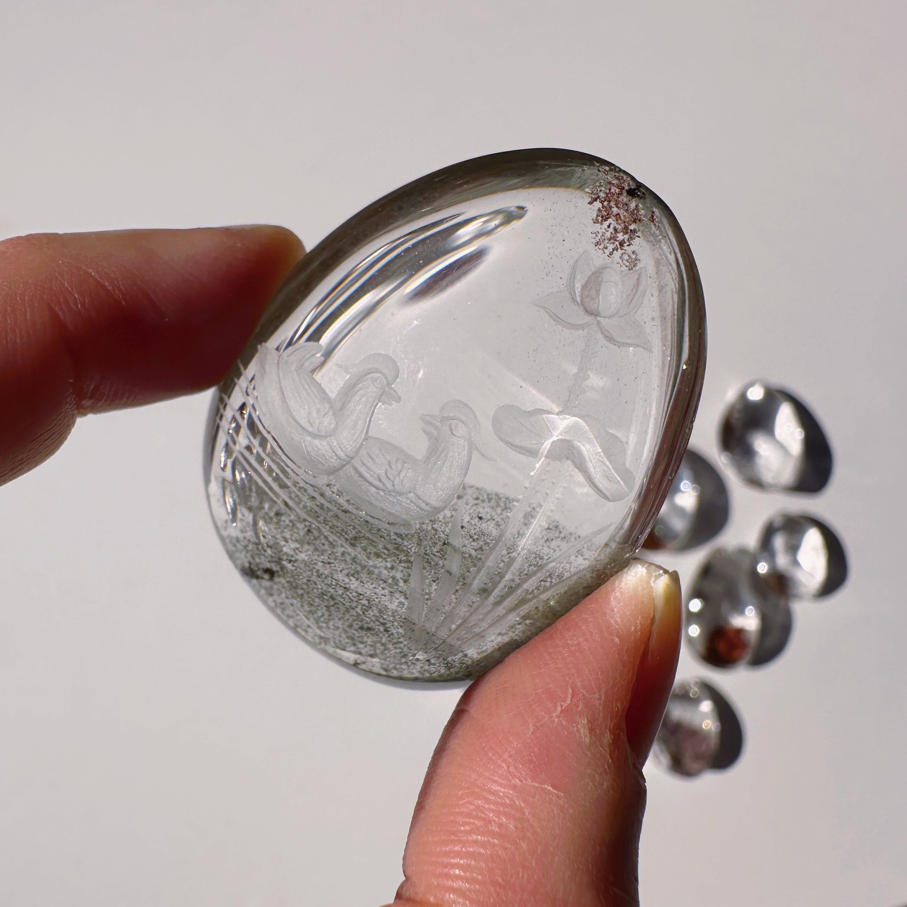 Intaglio Carved Love Birds in a the water Chlorite Quartz/Garden Quartz Cabochon Baltic Mermaid