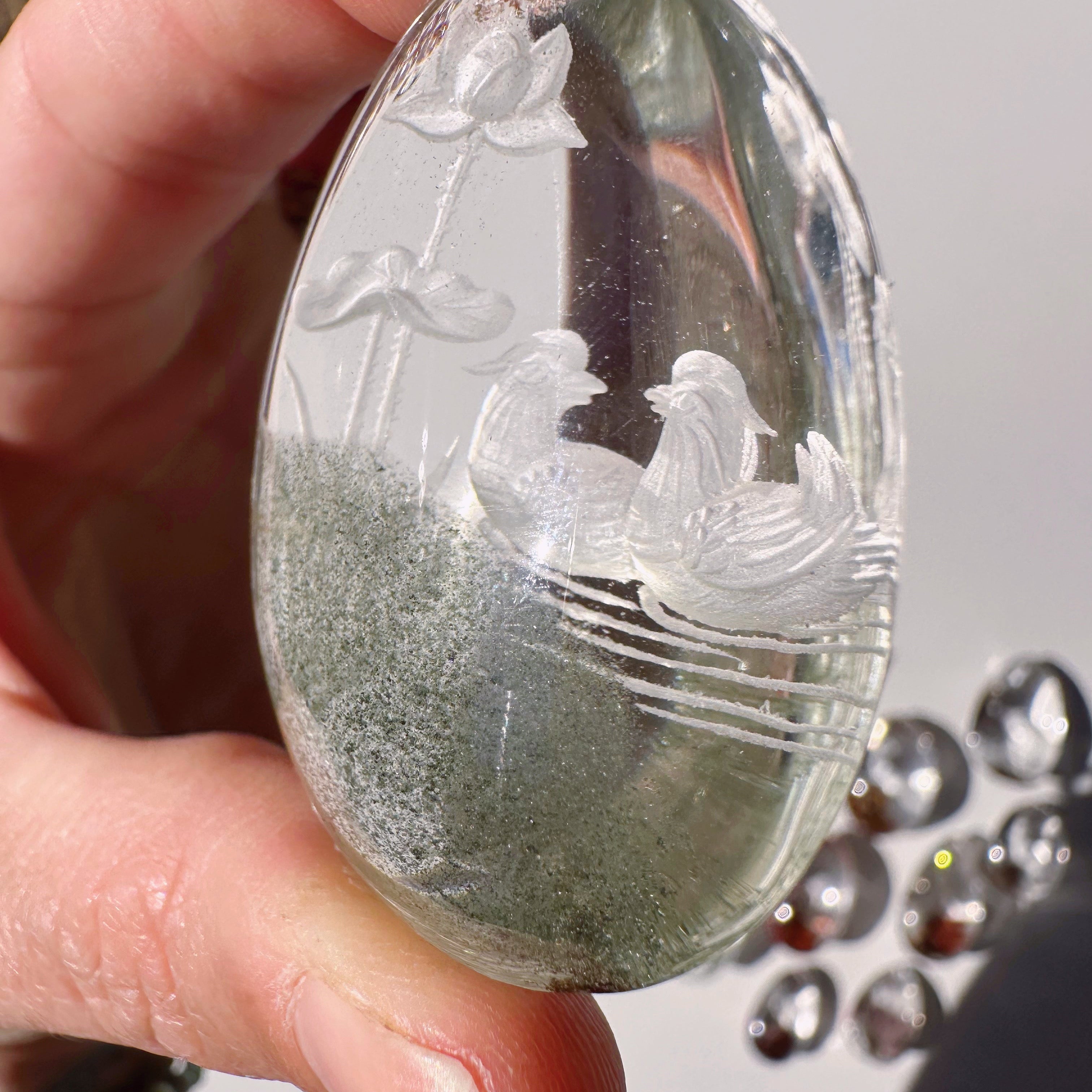 Intaglio Carved Love Birds in a the water Chlorite Quartz/Garden Quartz Cabochon Baltic Mermaid