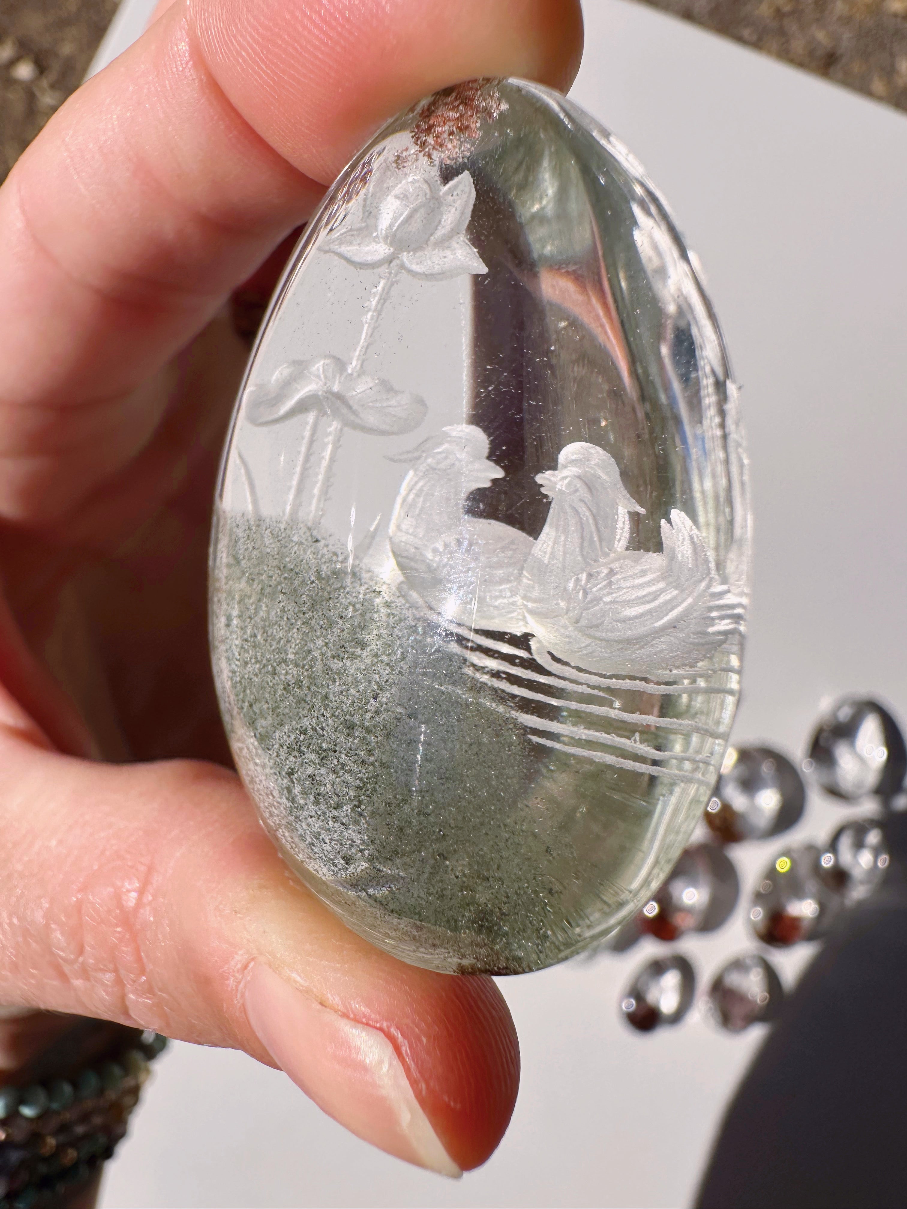 Intaglio Carved Love Birds in a the water Chlorite Quartz/Garden Quartz Cabochon Baltic Mermaid