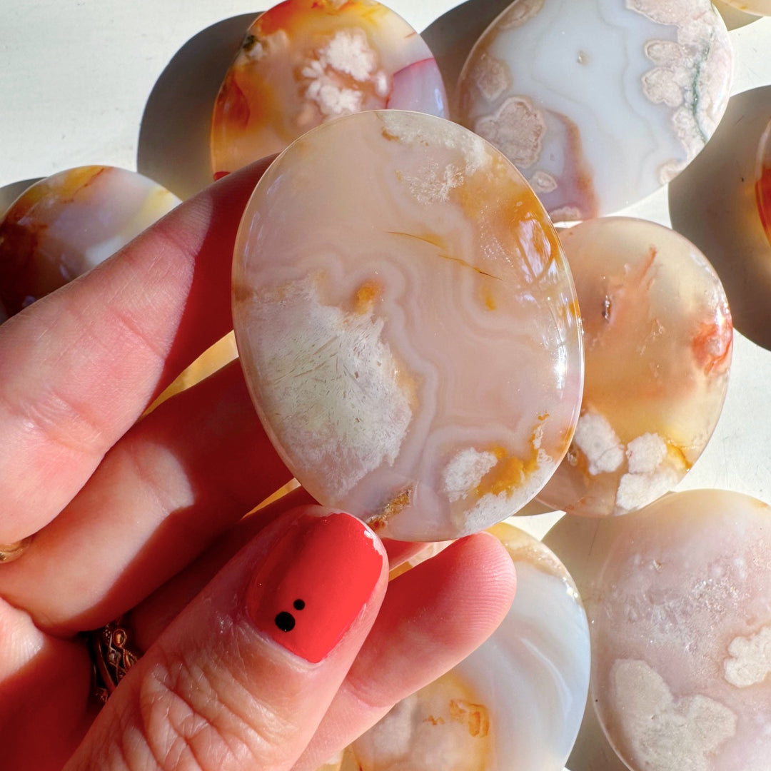 Flower Agate Flat Palm Stones - Baltic Mermaid