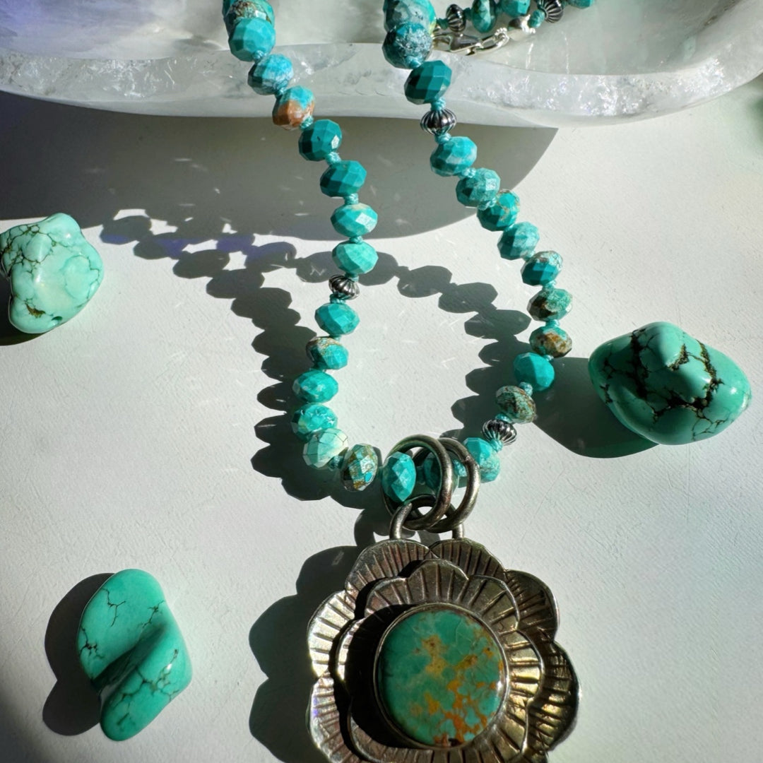 “Chelsea” - Turquoise & Sterling Silver Necklace w/ Flower Pendant - Baltic Mermaid