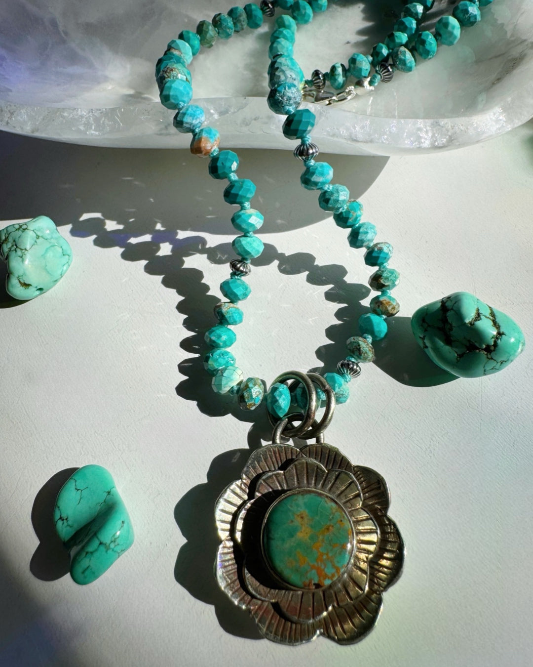 “Chelsea” - Turquoise & Sterling Silver Necklace w/ Flower Pendant - Baltic Mermaid