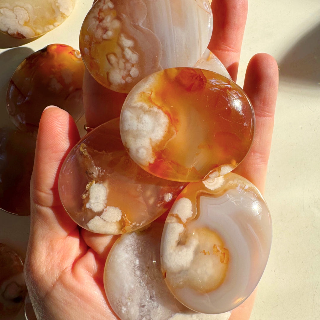Flower Agate Flat Palm Stones - Baltic Mermaid