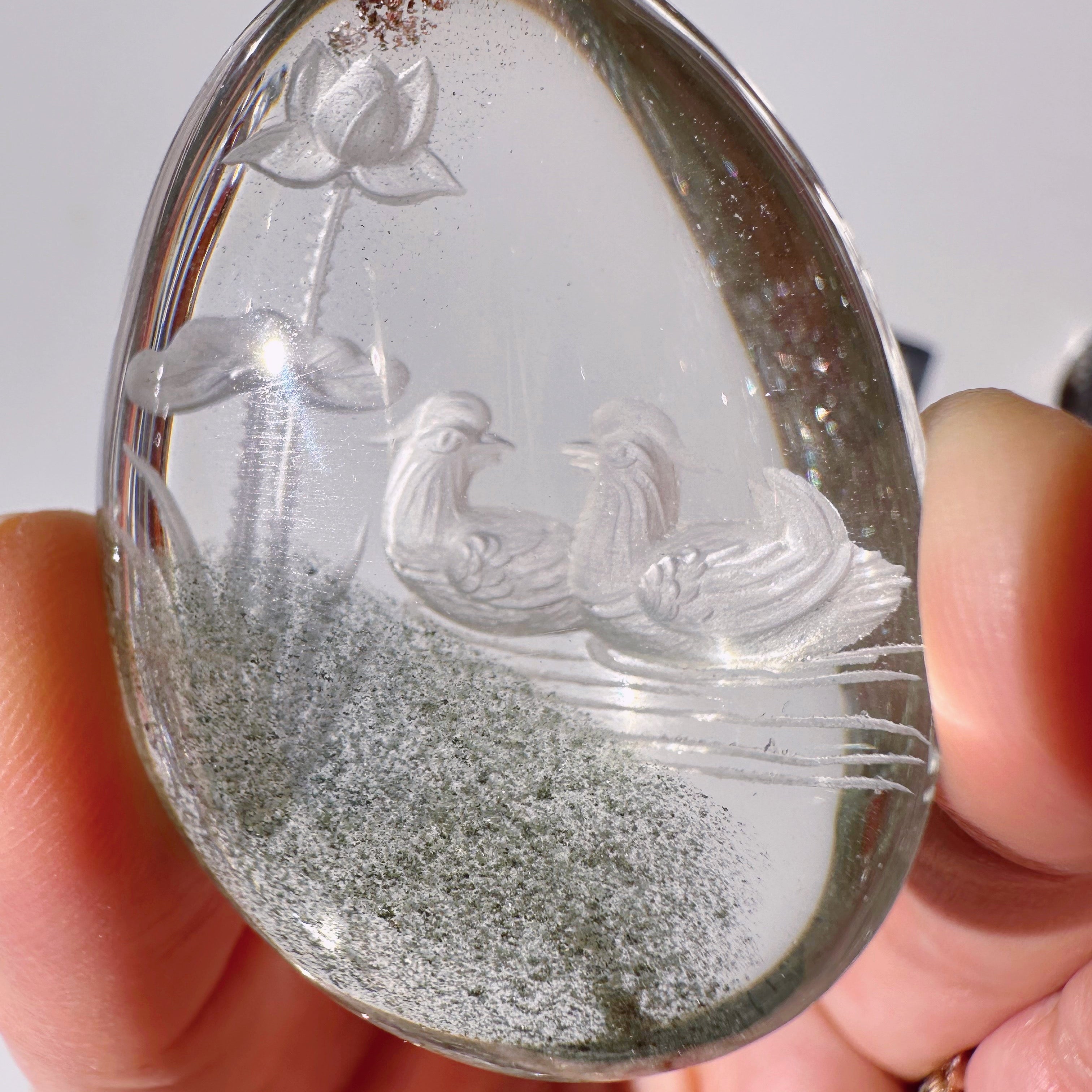 Intaglio Carved Love Birds in a the water Chlorite Quartz/Garden Quartz Cabochon Baltic Mermaid