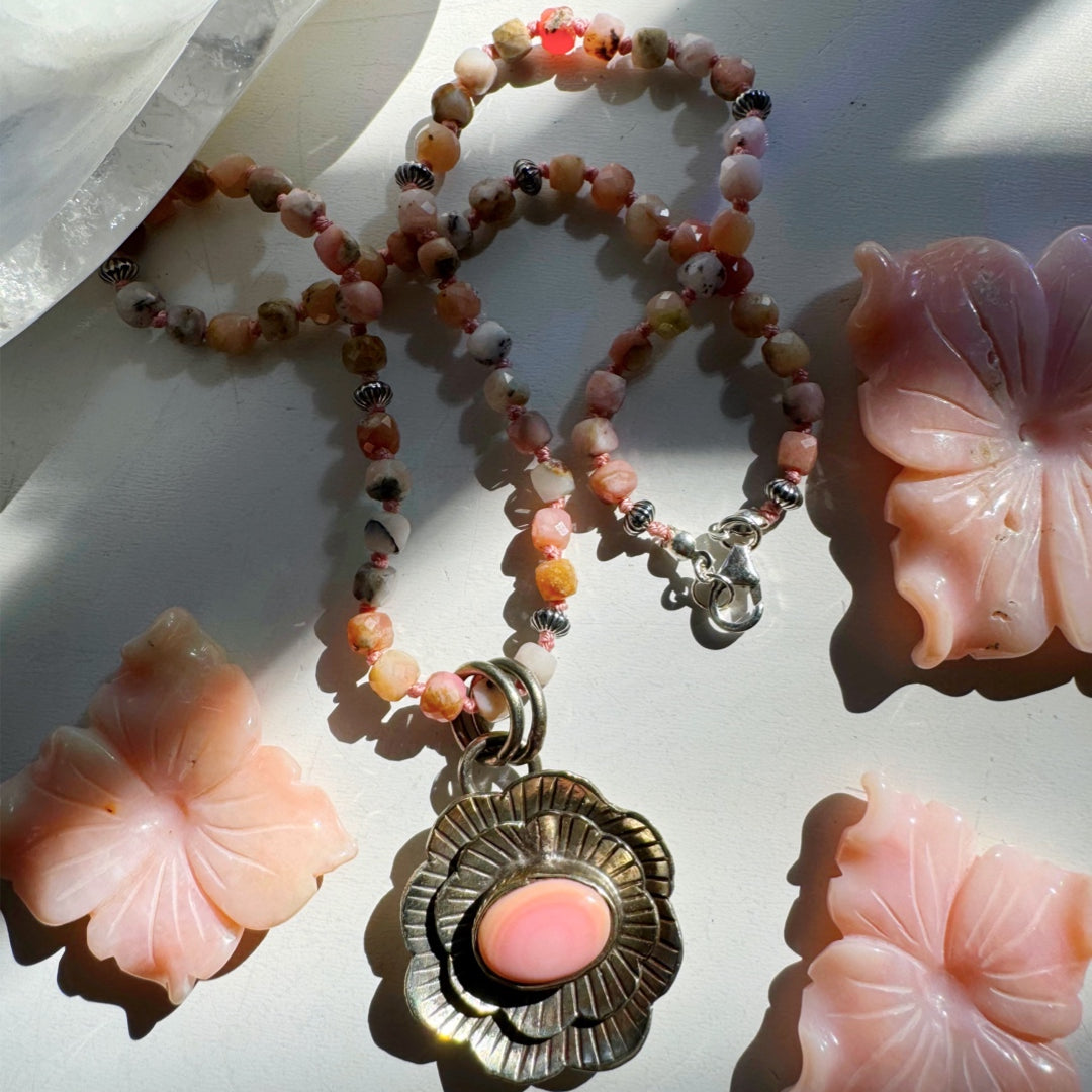 “Chelsea” - Pink Opal & Sterling Silver Necklace w/ Flower Conch Pewter Pendant - Baltic Mermaid