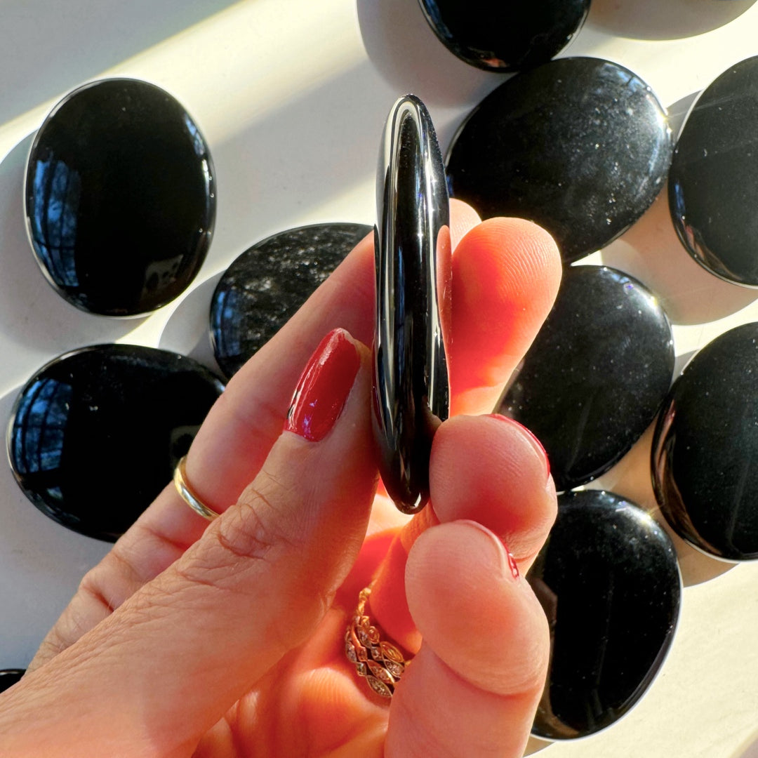 Black Obsidian Flat Palm Stones - Baltic Mermaid