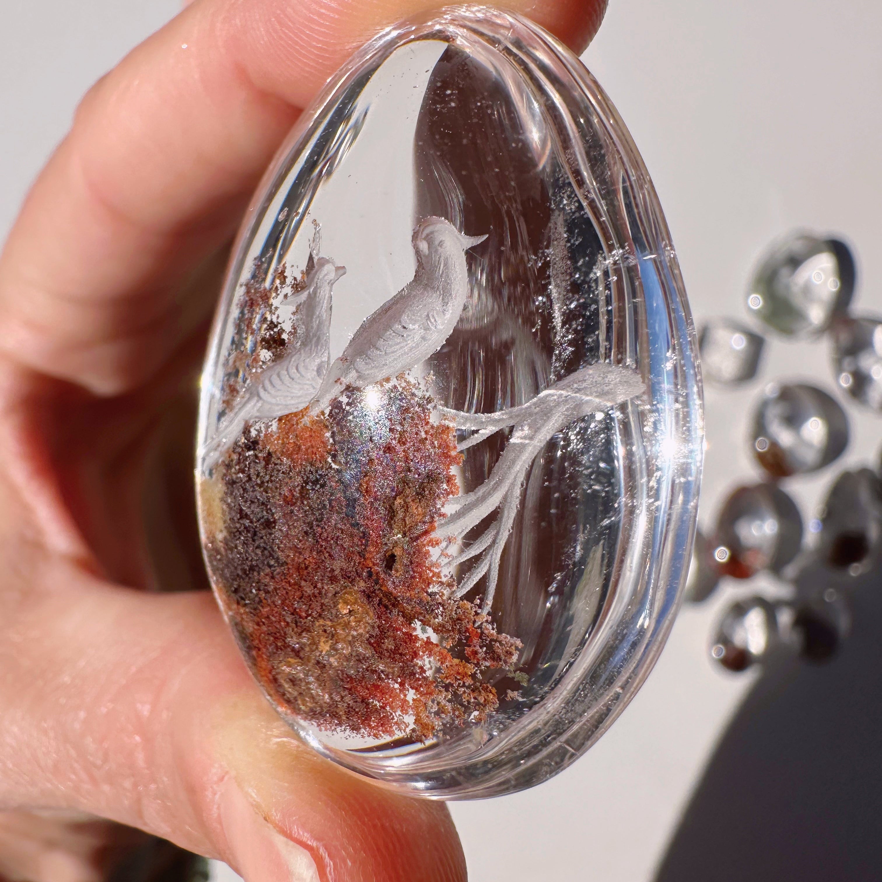 Intaglio Carved Love Birds in a Tree Chlorite Quartz/Garden Quartz Cabochon Baltic Mermaid