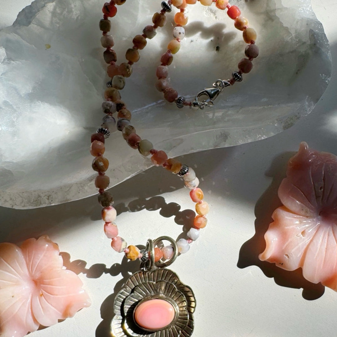 “Chelsea” - Pink Opal & Sterling Silver Necklace w/ Flower Conch Pewter Pendant - Baltic Mermaid