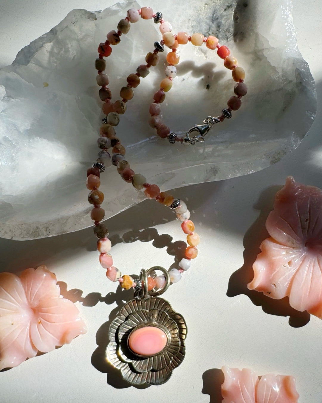 “Chelsea” - Pink Opal & Sterling Silver Necklace w/ Flower Conch Pewter Pendant - Baltic Mermaid