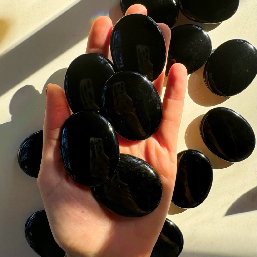 Black Obsidian Flat Palm Stones - Baltic Mermaid