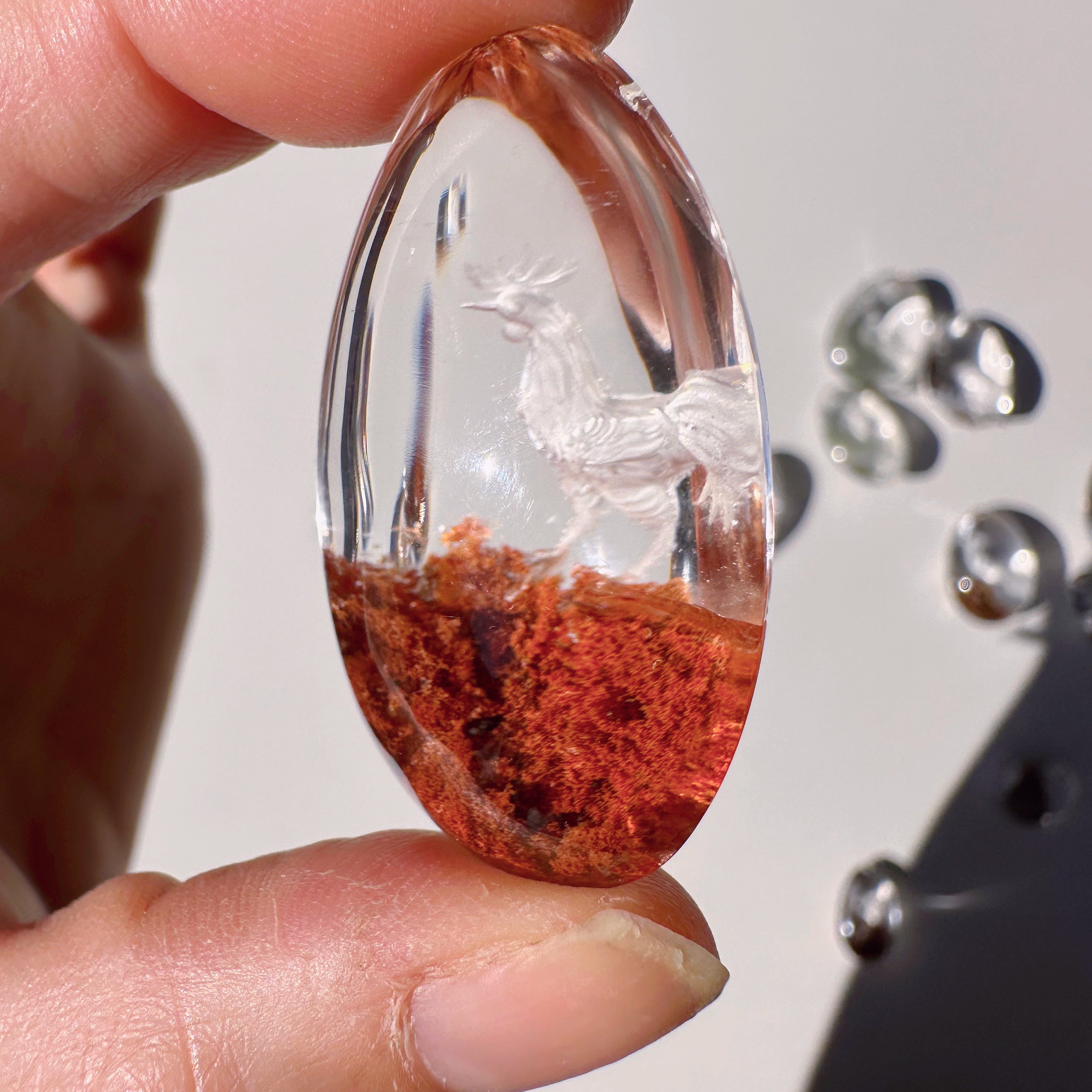 Intaglio Rooster Carved Chlorite Quartz/Garden Quartz Cabochon Baltic Mermaid