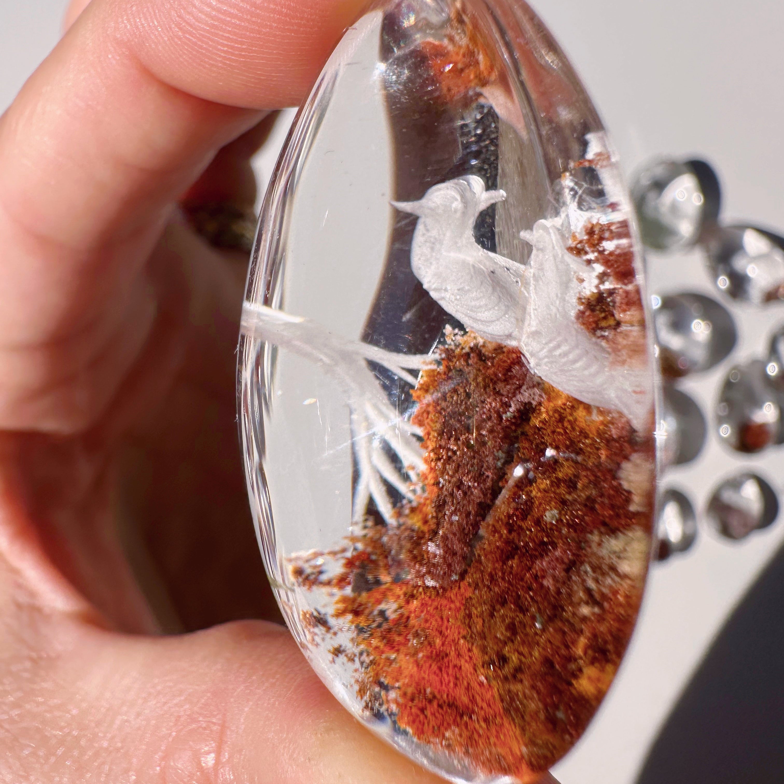 Intaglio Carved Love Birds in a Tree Chlorite Quartz/Garden Quartz Cabochon Baltic Mermaid