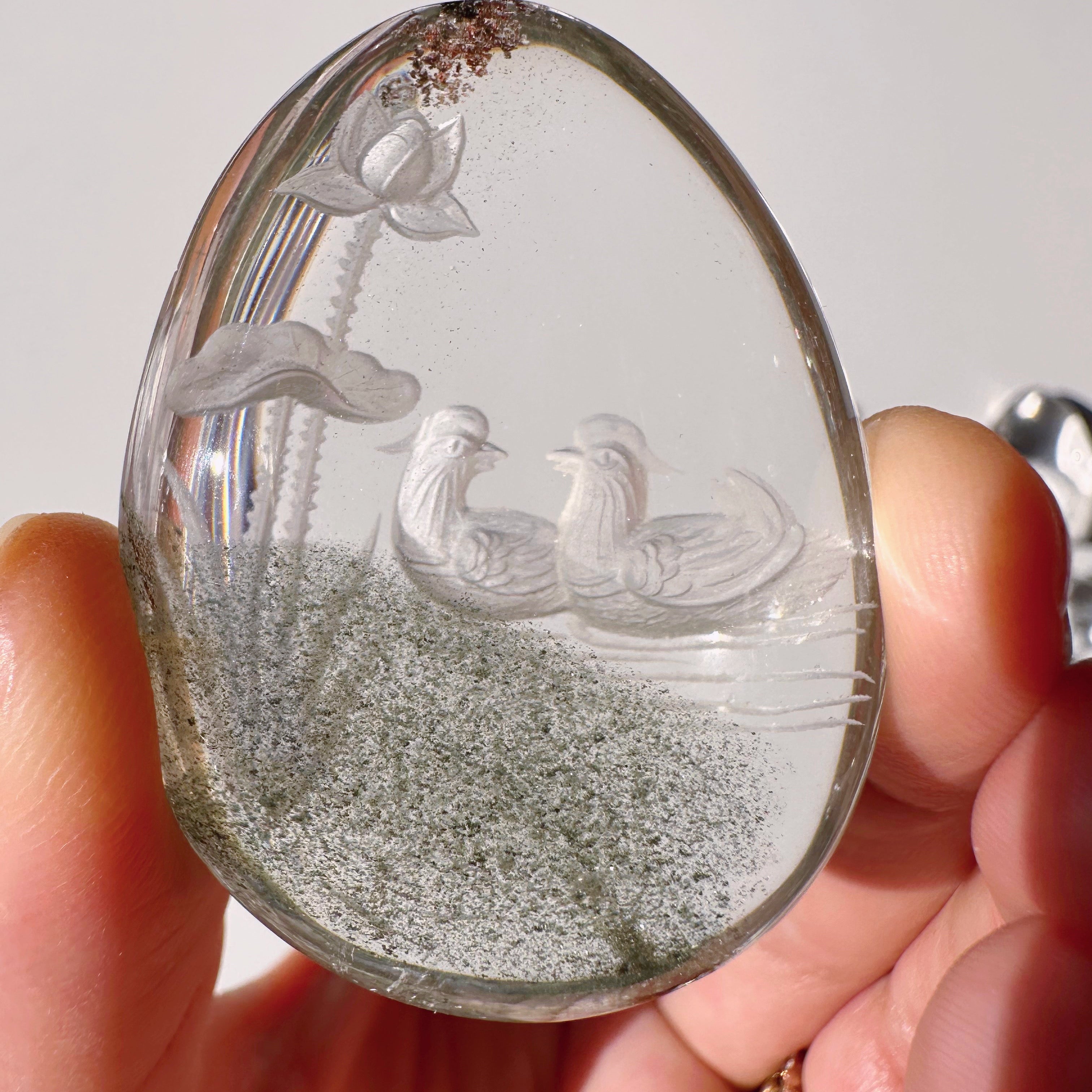 Intaglio Carved Love Birds in a the water Chlorite Quartz/Garden Quartz Cabochon Baltic Mermaid