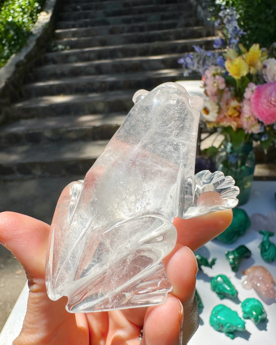 Hand Carved Clear Quartz Frog