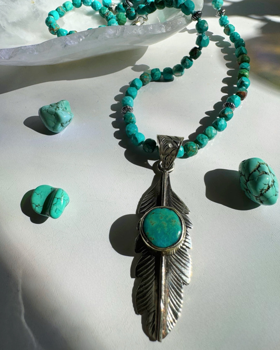 “Frida” - Turquoise &amp; Sterling Silver w/ Pewter Feather