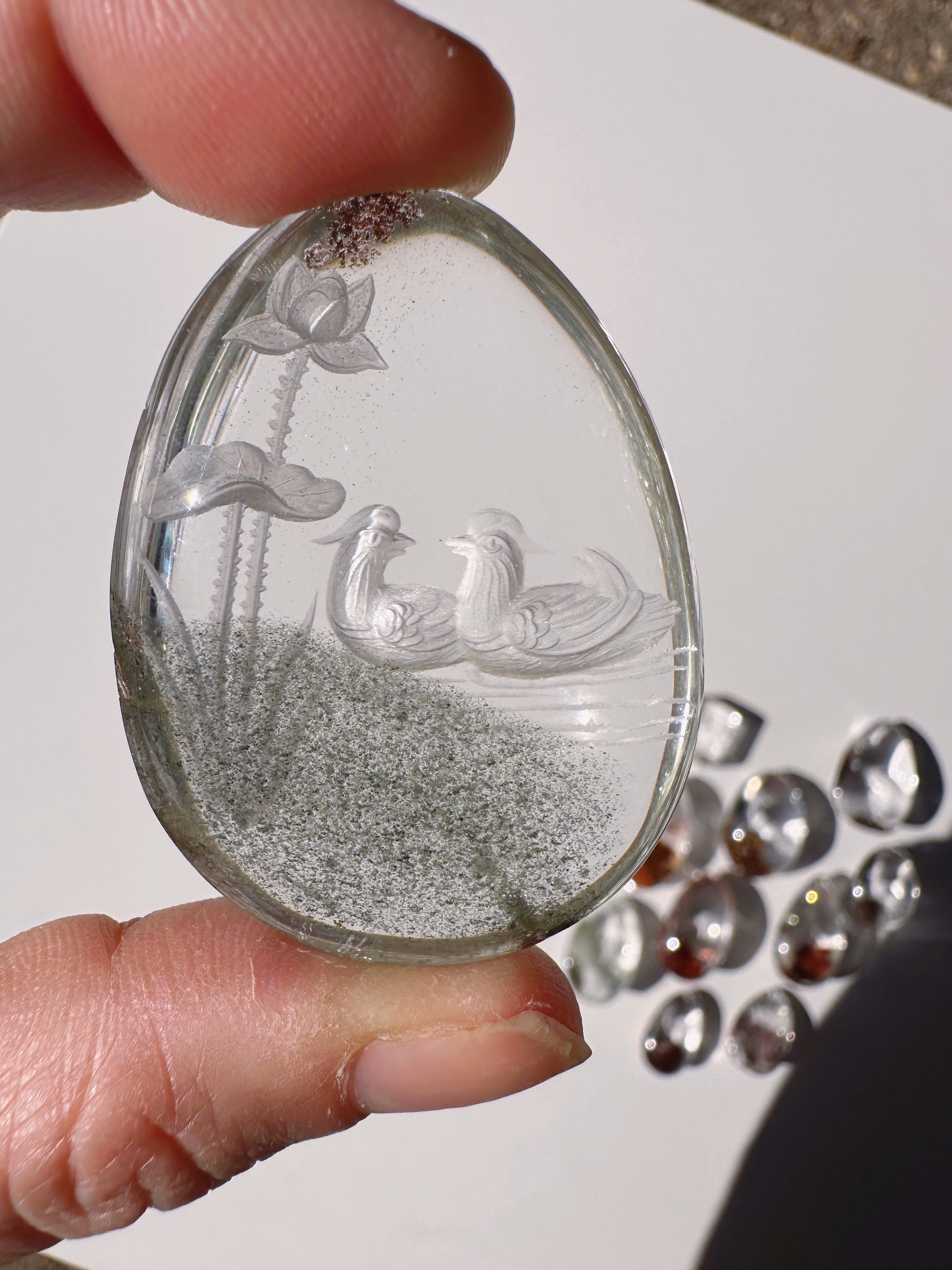 Intaglio Carved Love Birds in a the water Chlorite Quartz/Garden Quartz Cabochon Baltic Mermaid