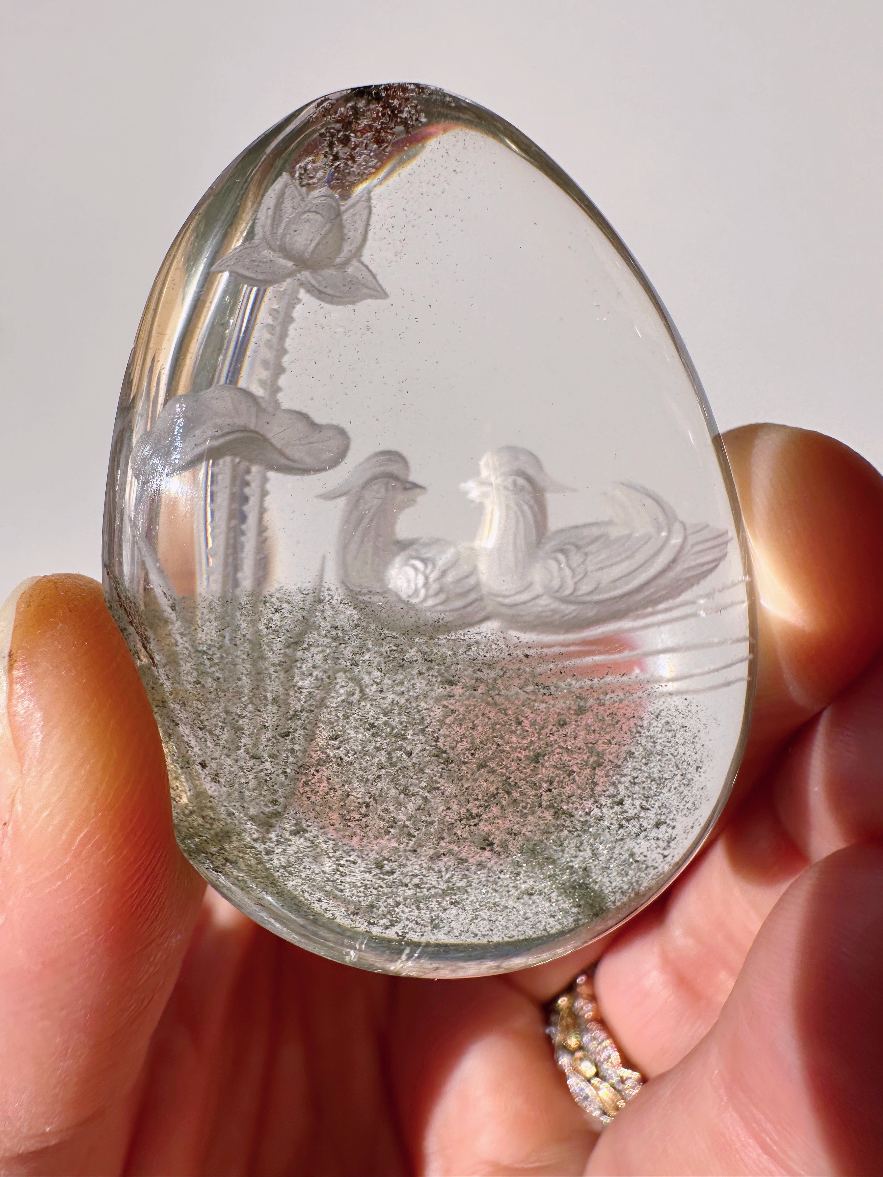 Intaglio Carved Love Birds in a the water Chlorite Quartz/Garden Quartz Cabochon Baltic Mermaid