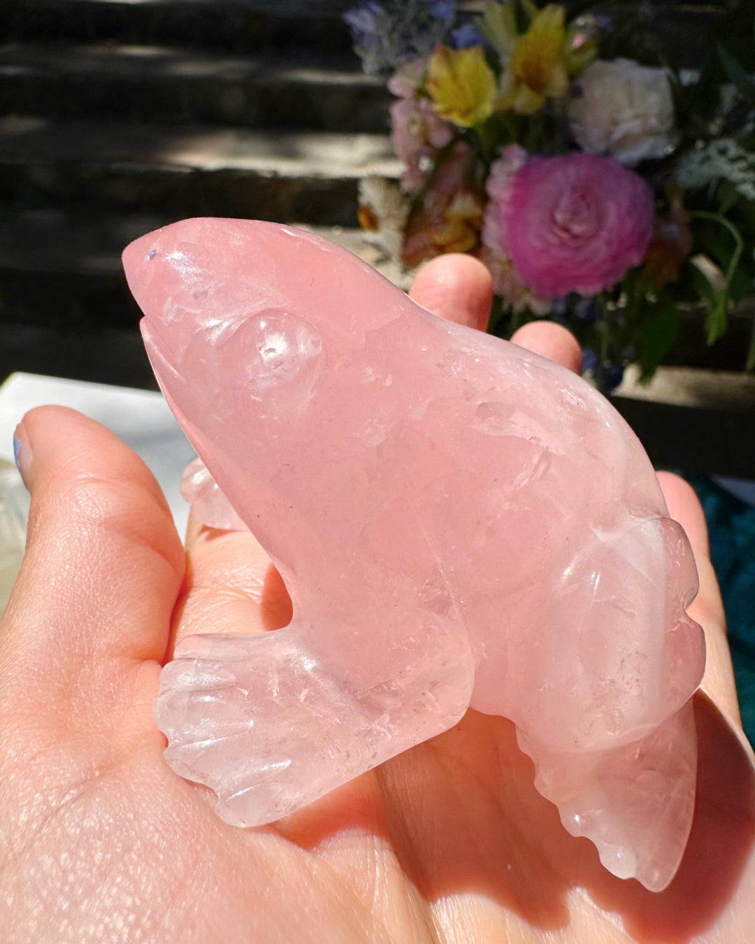 Hand Carved Rose Quartz Frog