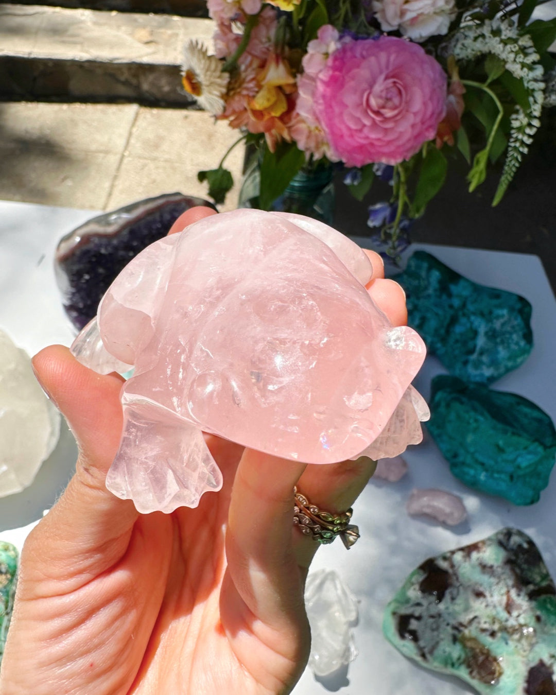 Hand Carved Rose Quartz Frog - Baltic Mermaid