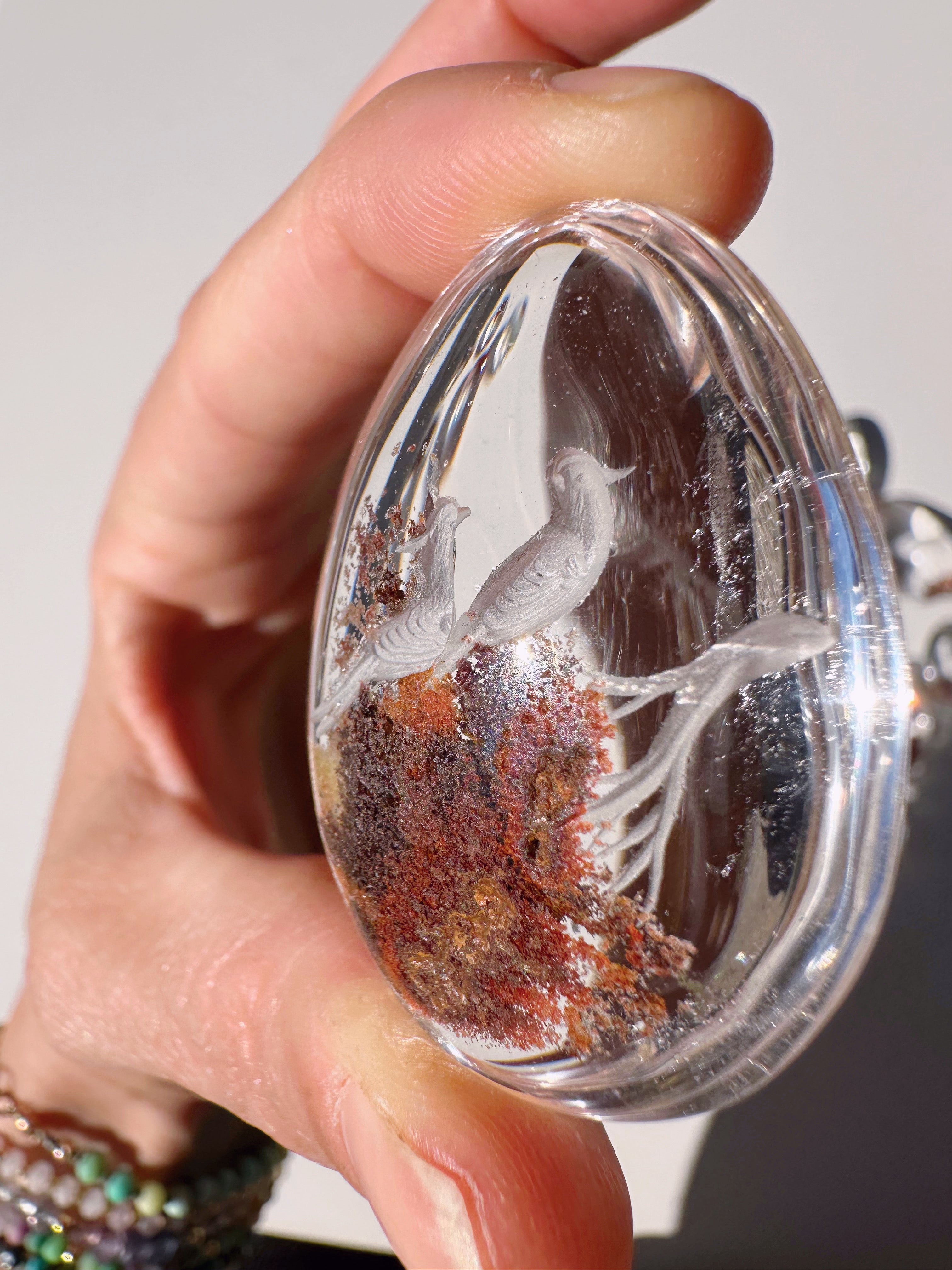 Intaglio Carved Love Birds in a Tree Chlorite Quartz/Garden Quartz Cabochon Baltic Mermaid